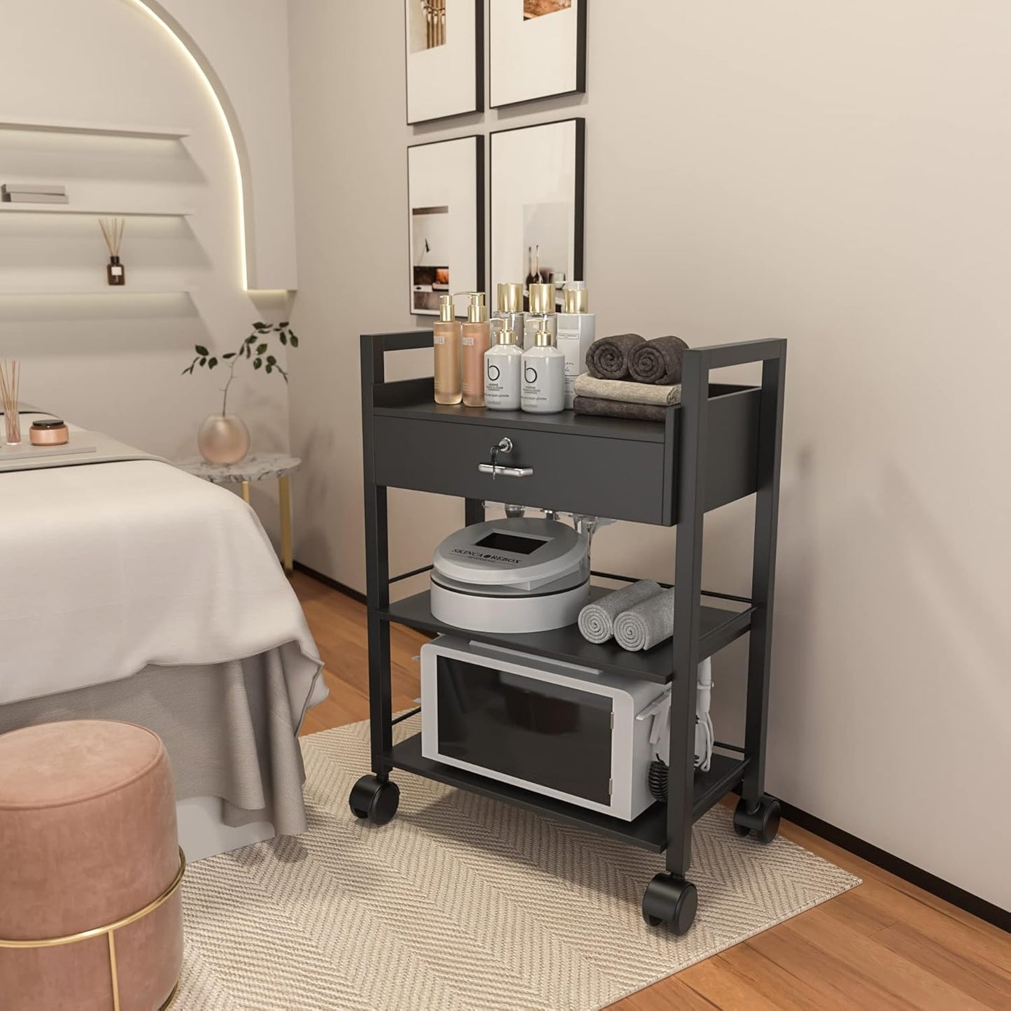 Paddie Salon Trolley Cart, Salon Tray Wooden Mobile Utility Cabinet with 1 Drawer 2 Trays, Rolling