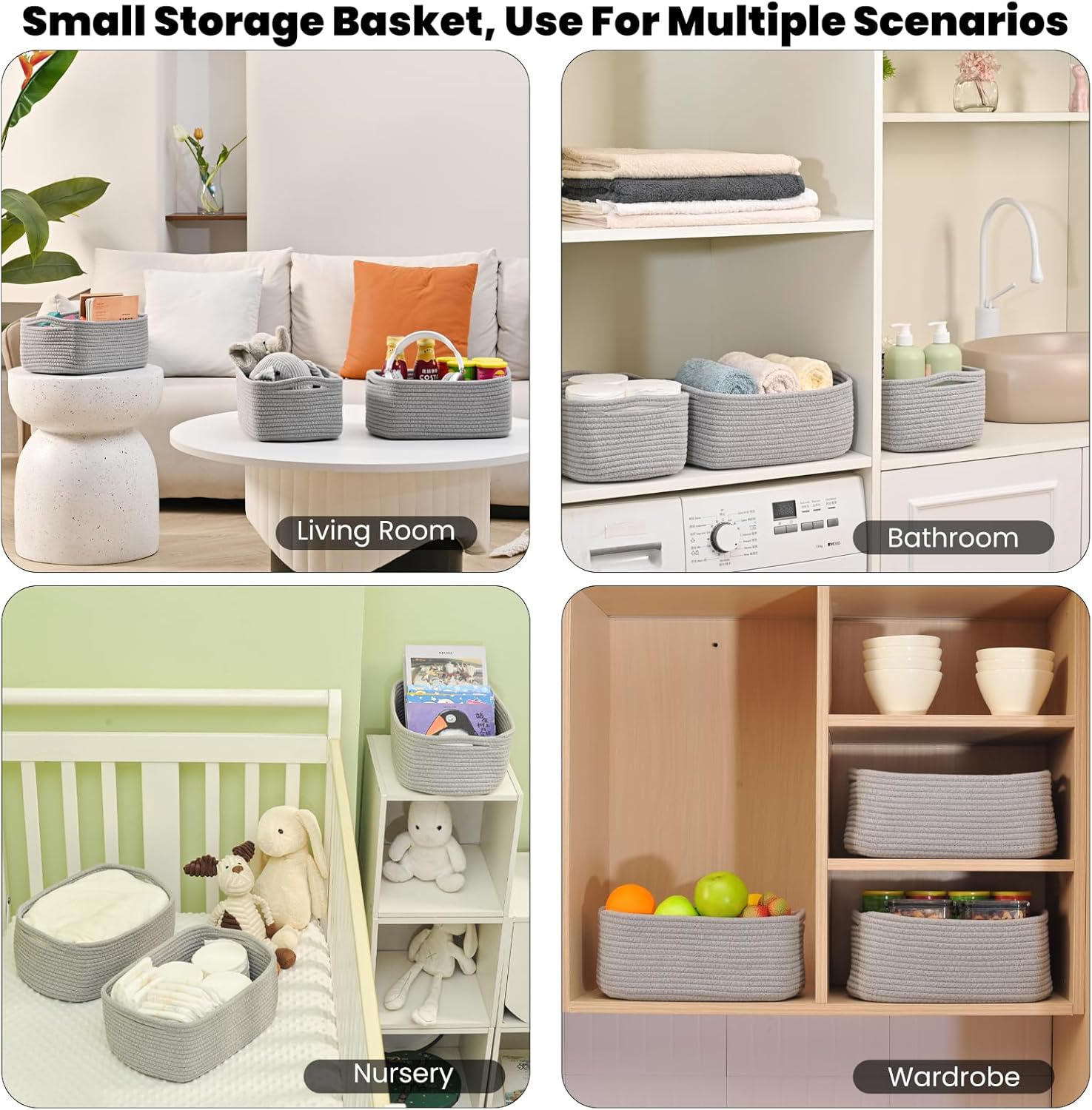 Small Grey Baskets for Organizing, Gray Storage Basket for Shelves, Woven Baskets for Storage