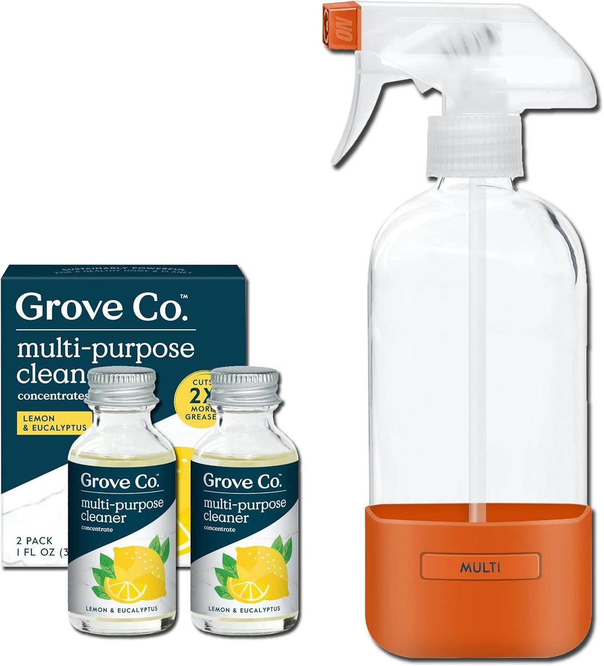 Grove Co. Multi Purpose Cleaner, Refill Concentrate (2 x 1 Oz) + Glass Spray Bottle (16 Oz)