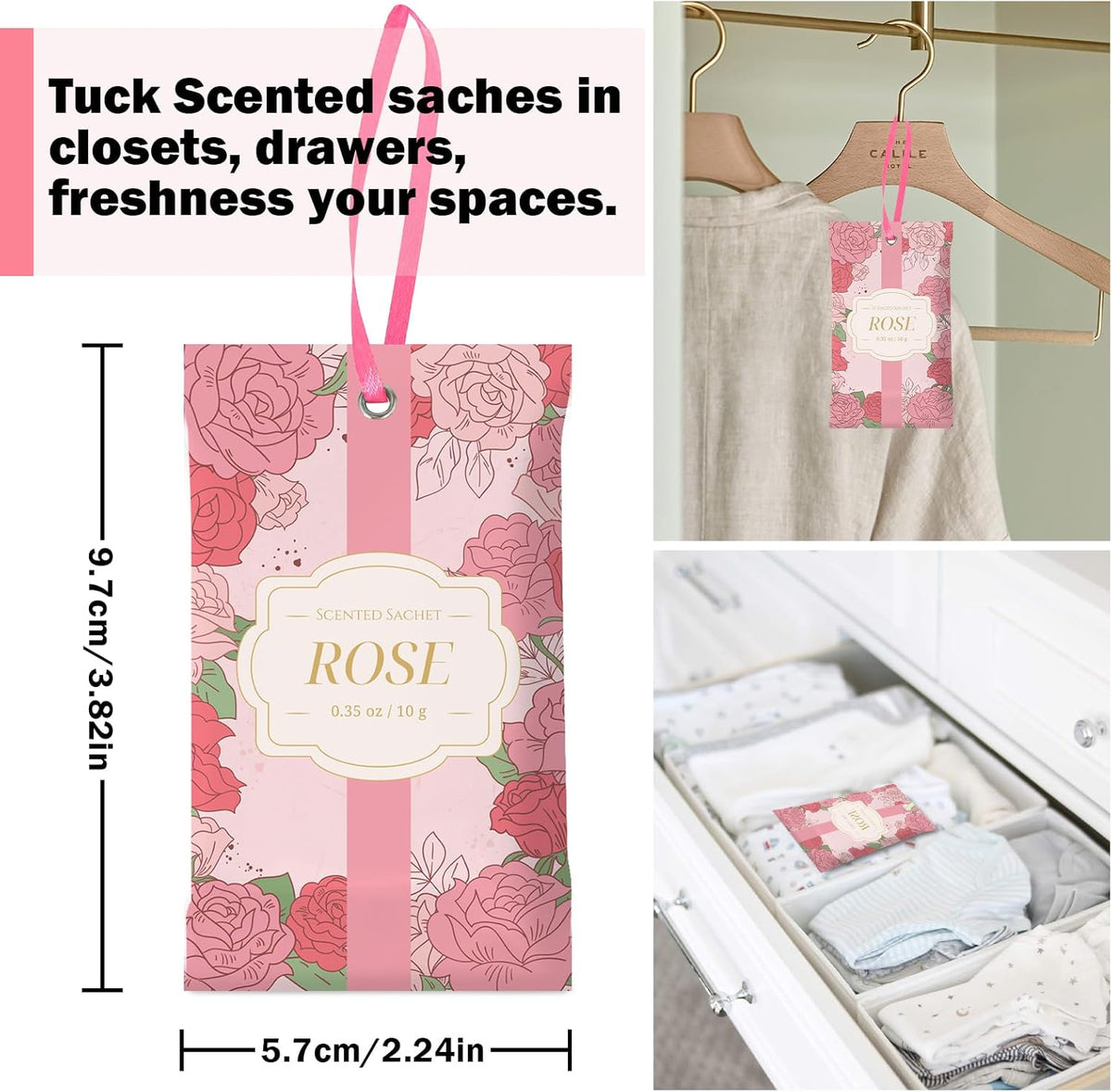 SCENTORINI Scented Sachets for Drawers and Closets, Rose Scent 14 Pack, Long-Lasting Sachets Bags