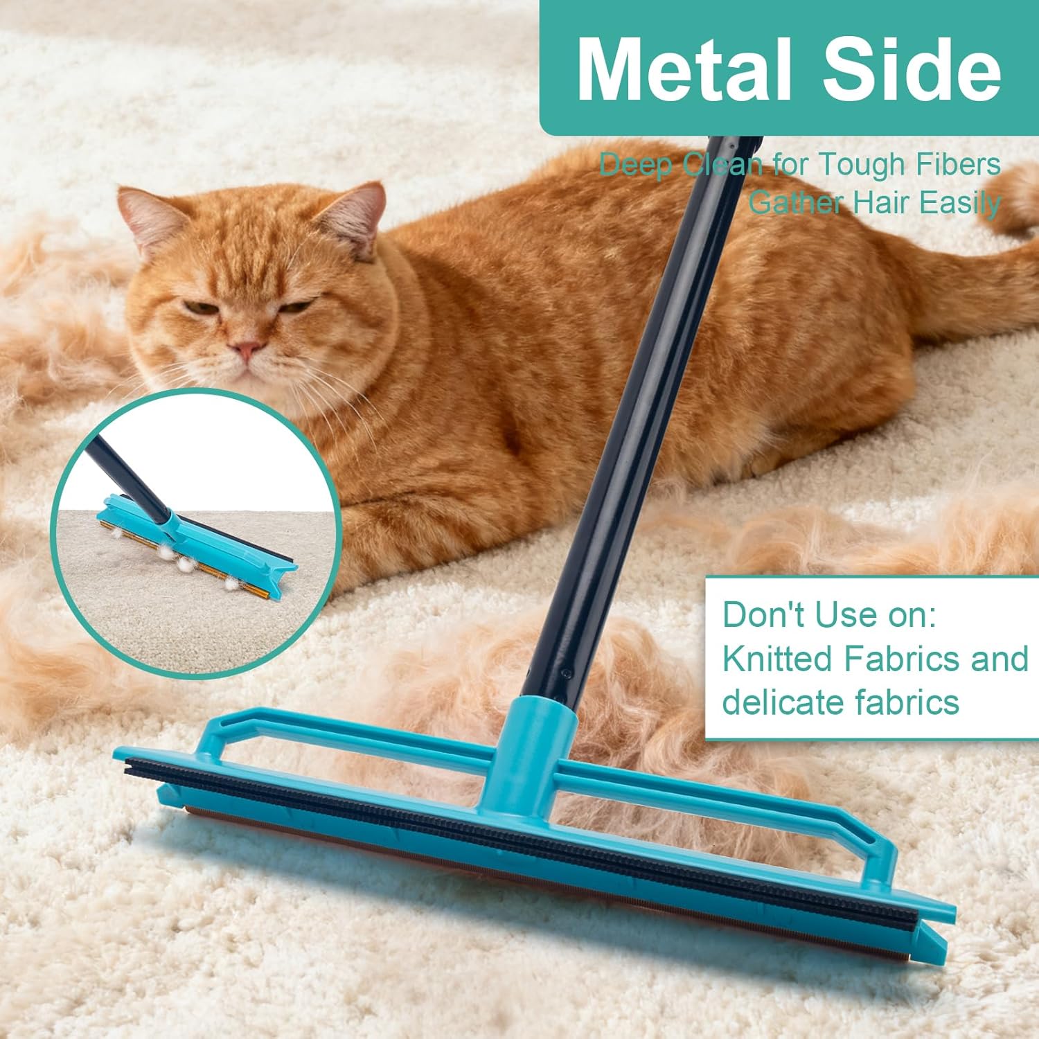 Carpet Rake for Pet Hair Removal Tool, Reusable Pet Hair Remover Broom with 56” Long Handle, Cat &