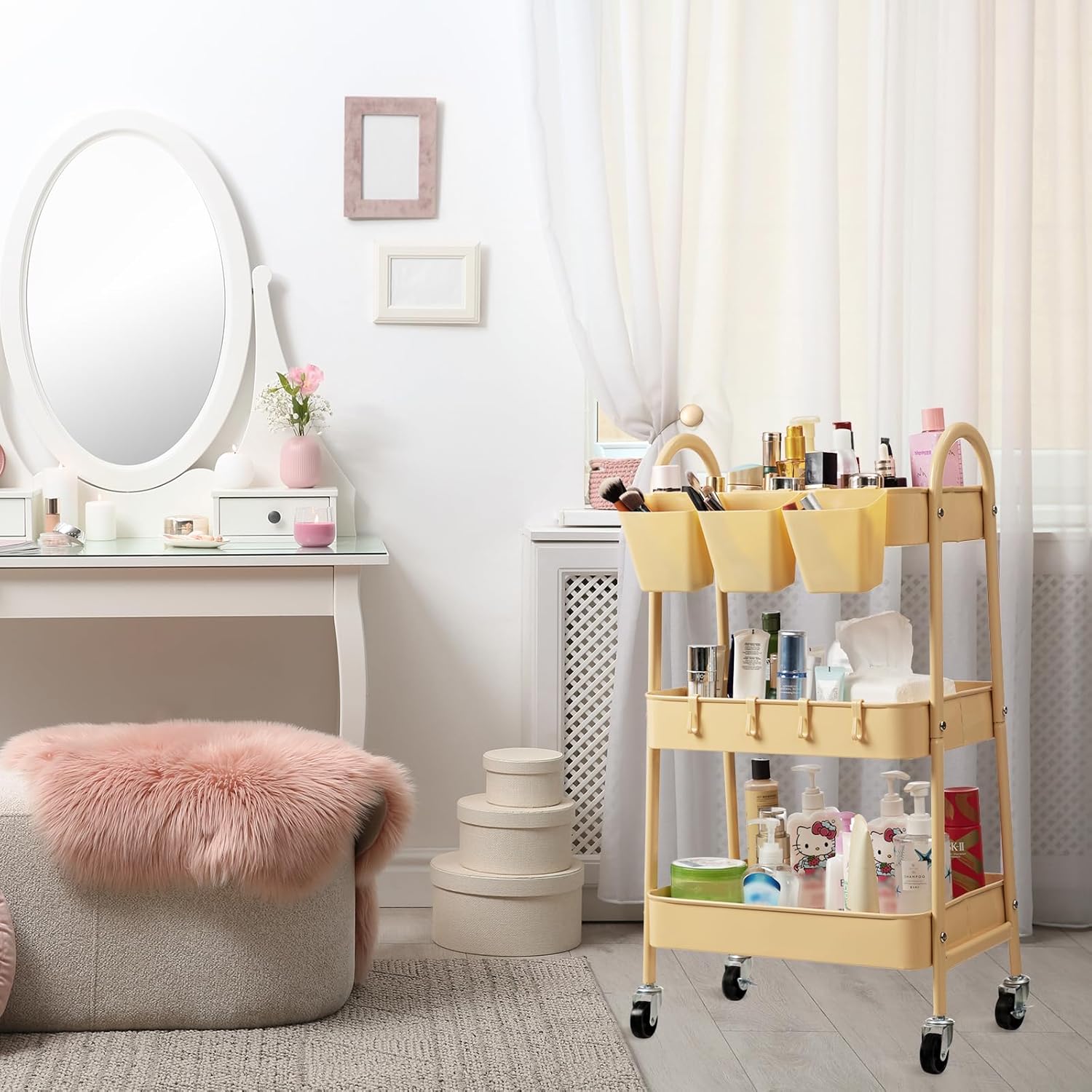 danpinera 3-Tier Rolling Cart, Metal Rolling Storage Cart with Lockable Wheels & Hanging Cups &
