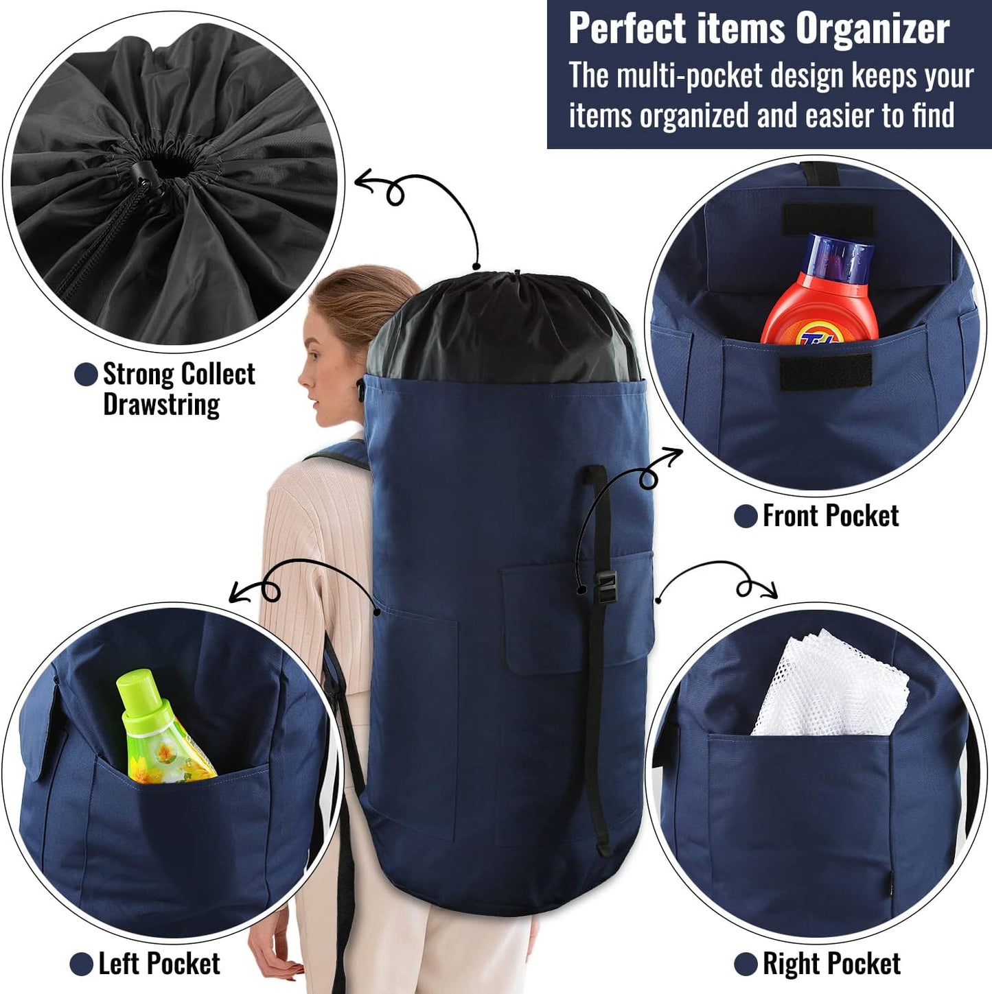 Laundry Bag Backpack, 125L Extra Large Travel Laundry Bags with Shoulder Straps, Adjustable &