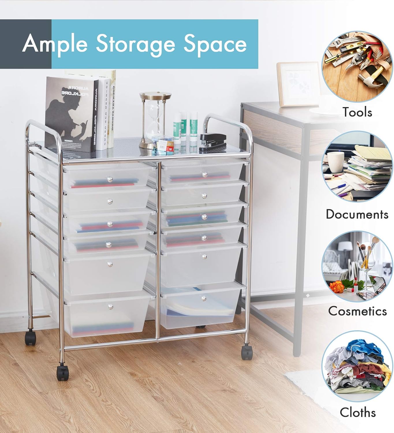 GOFLAME 12-Drawer Rolling Storage Cart, Multipurpose Organizer Cart with 2 Sizes Plastic Drawers