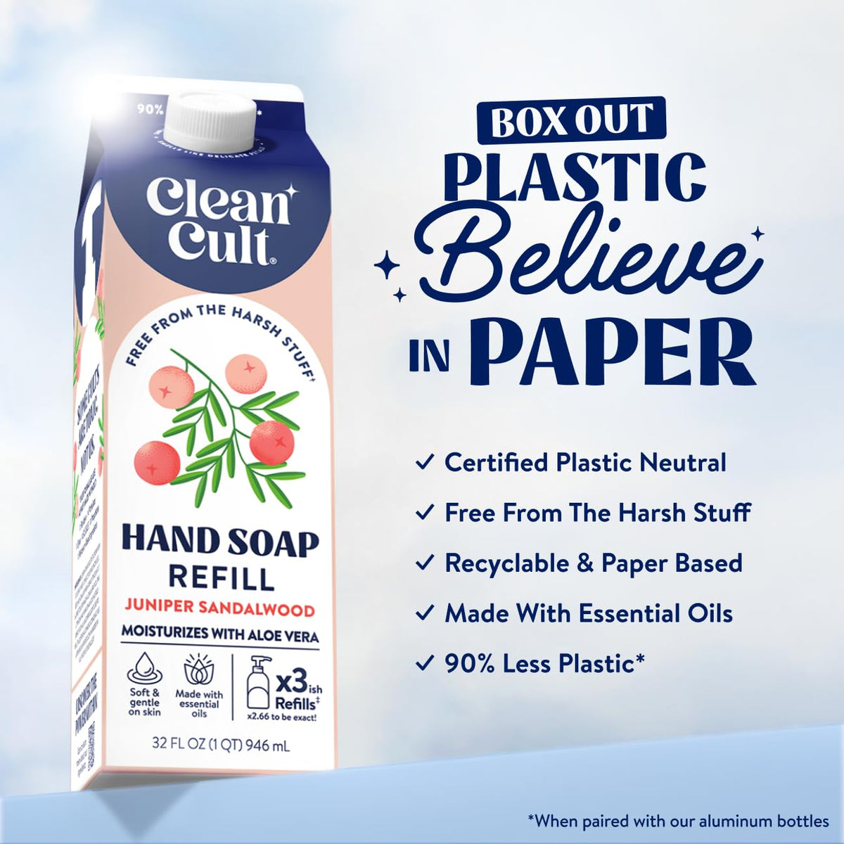 Cleancult Liquid Hand Soap Refill - Juniper Sandalwood - Gentle On Sensitive Skin - Made with Aloe