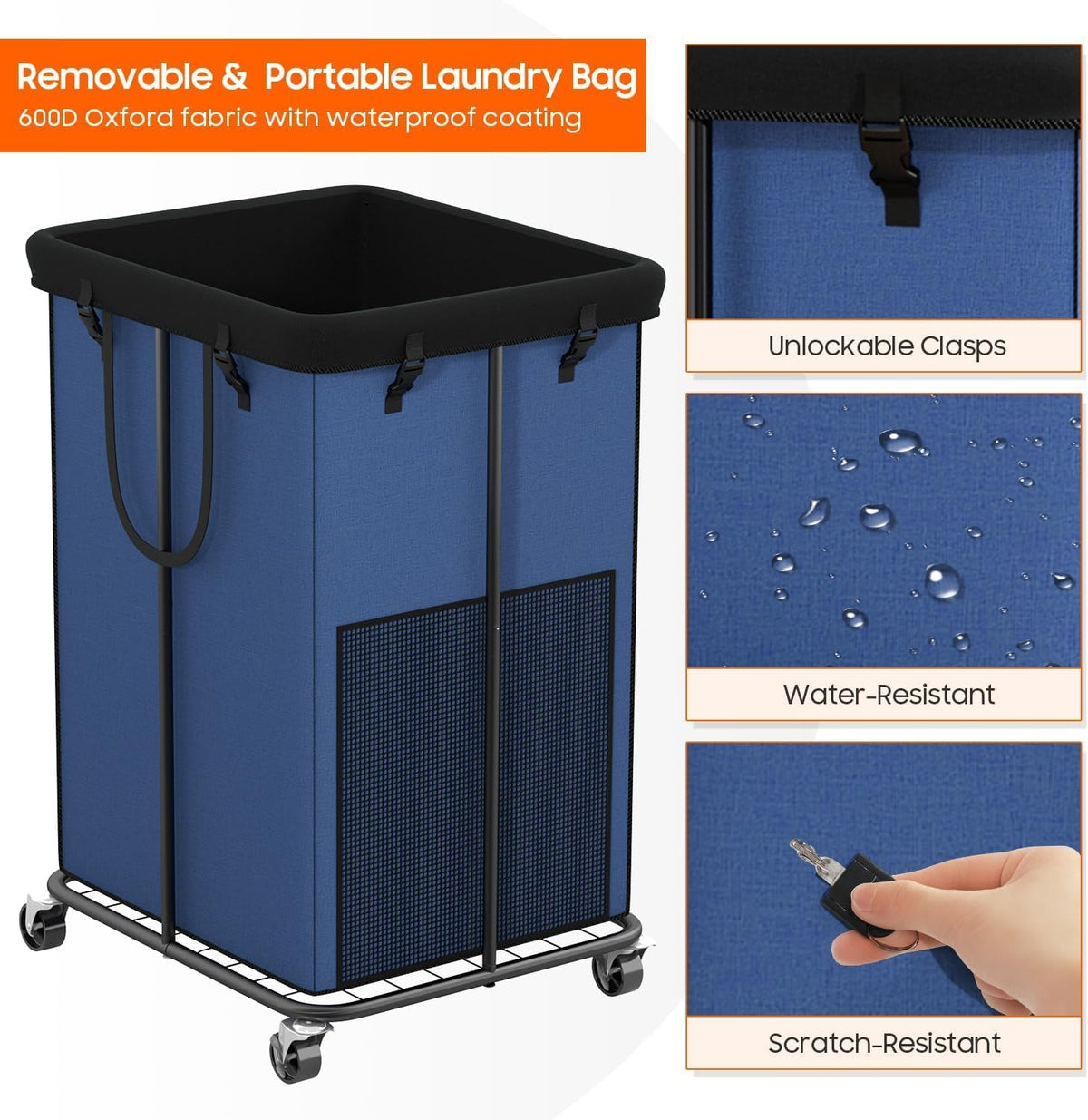 150L Laundry Hamper with Wheels, Rolling Laundry Basket with Metal Frame and Removable Bag, Large &
