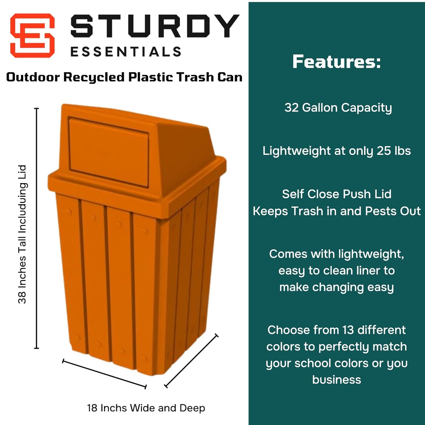 32 Gallon Square Slatted 100% Recycled Plastic Heavy-Duty Commercial Outdoor or Indoor Trash Can