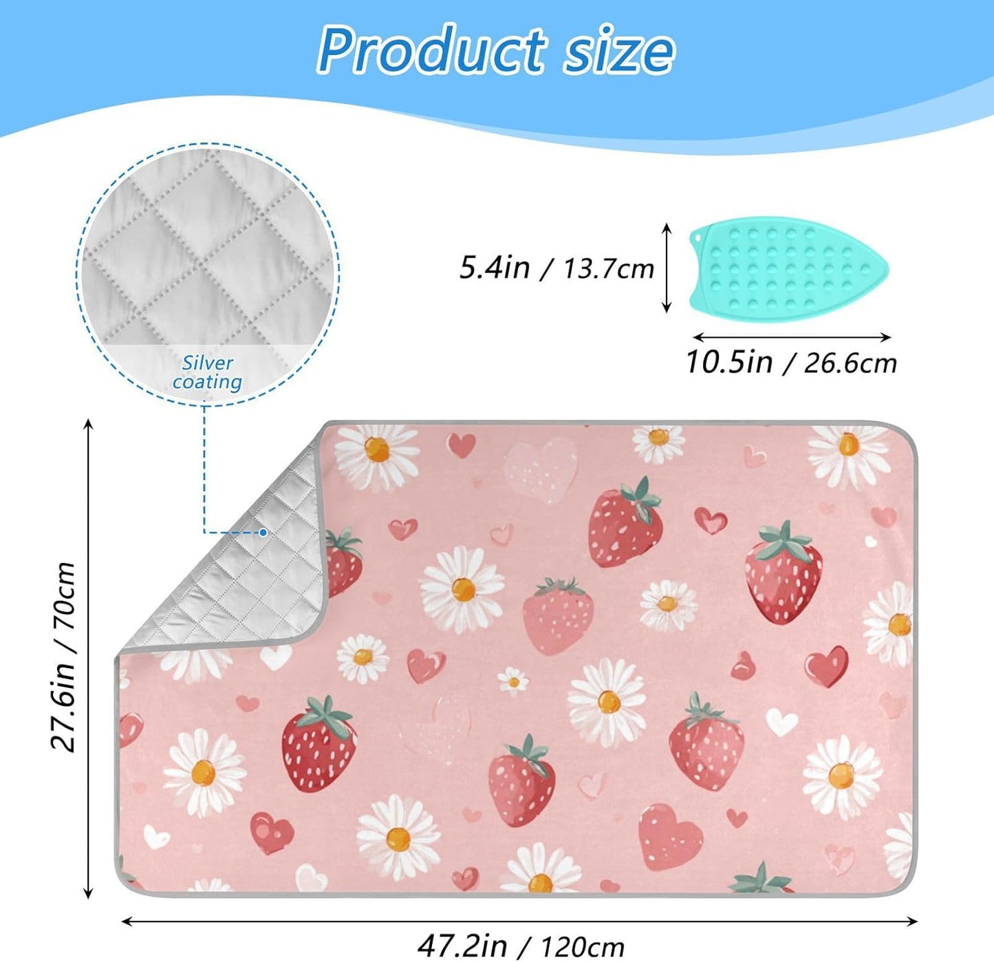 Pink Floral Strawberry Hearts Ironing Mat for Table top Portable Ironing Pad Blanket for Washer