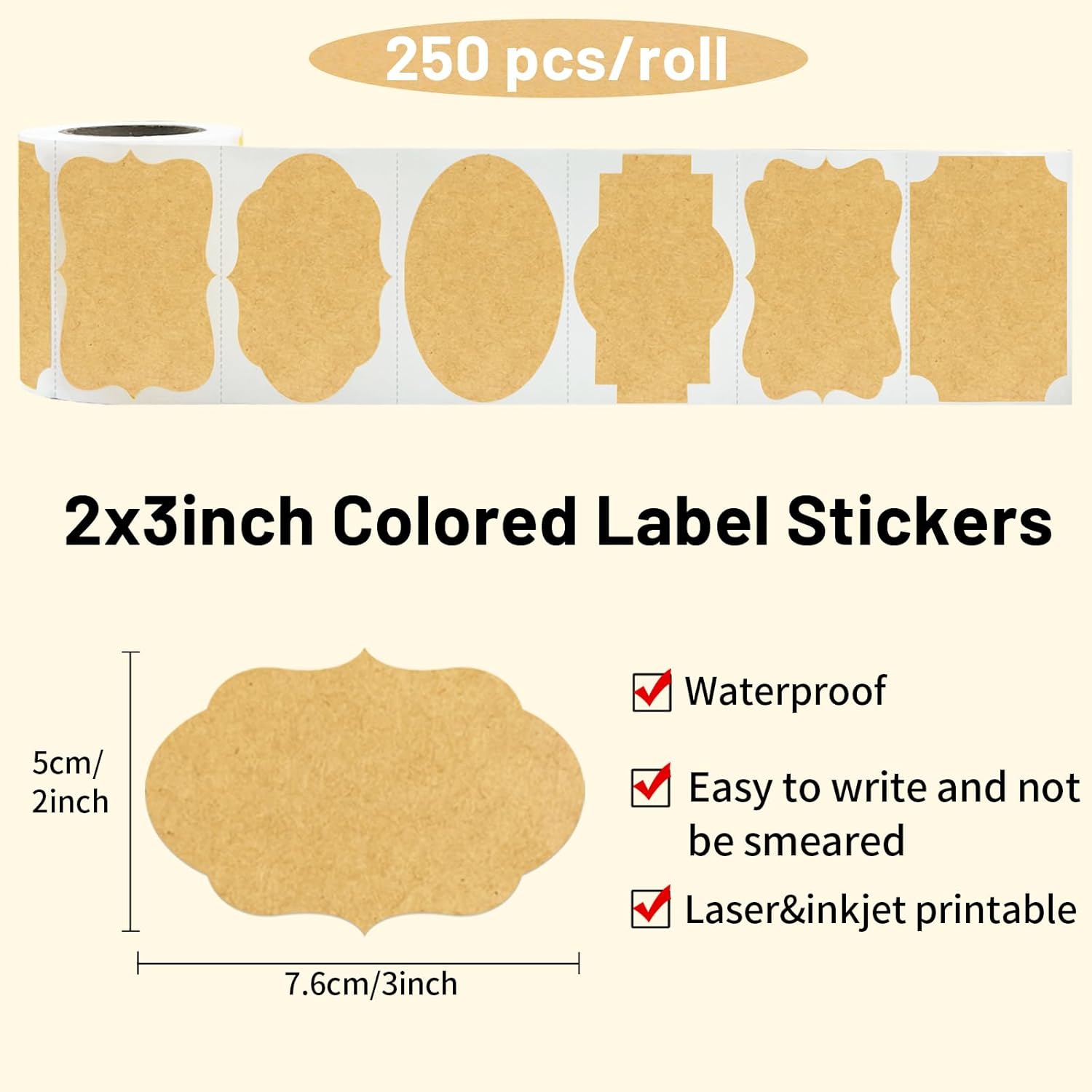 Kraft Labels Stickers, 250 PCS 3" x 2" Fancy Shape Stickers Labels for Storage Box or Food Jars