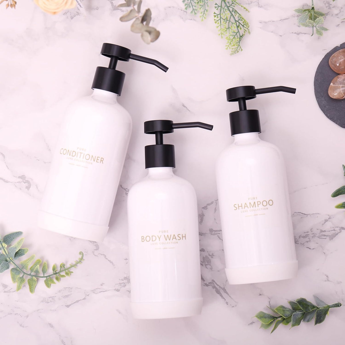 Shampoo and Conditioner Dispenser Set of 3,Refillable 21oz Shampoo Bottles with Non-Slip Protective