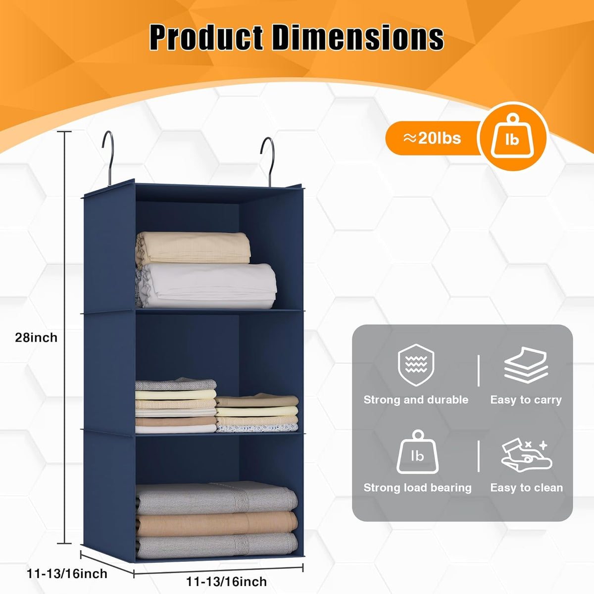 Hanging Closet Organizer - 3-Shelf, Easy Mount Foldable Wardrobe Storage Shelves for Clothes
