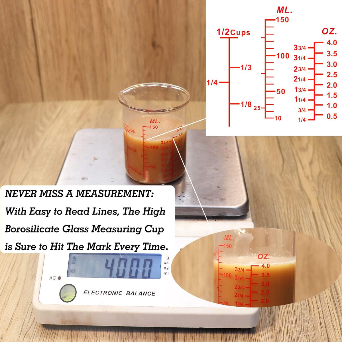 3 Piece Glass Measuring Cup Set, Includes 1/2-Cup, 1-Cup, and 2-Cup High Borosilicate Glasss Liquid