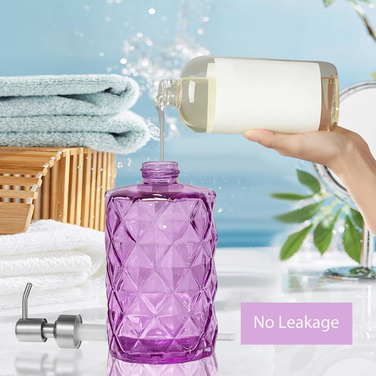 12Oz Purple Glass Soap Dispenser with Stainless Steel Pump, Refillable Kitchen Liquid Hand Soap