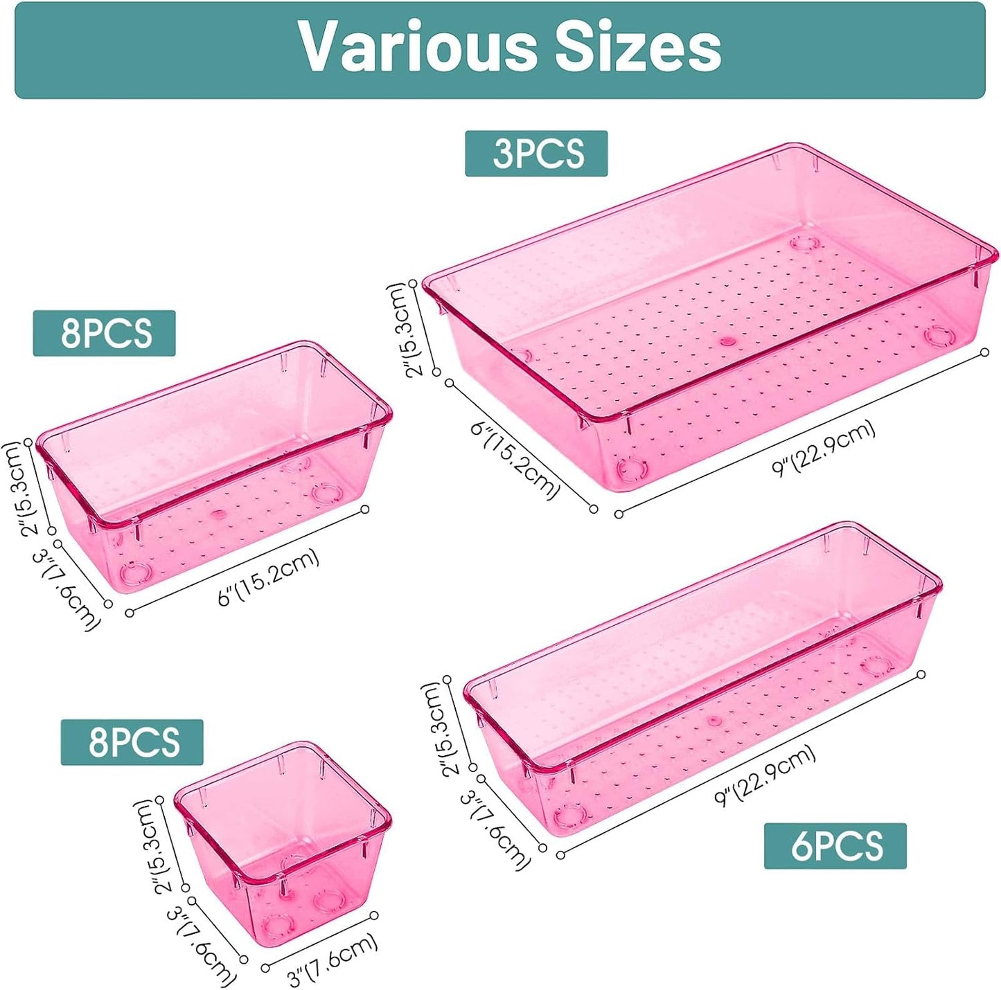 WOWBOX 25 PCS Plastic Drawer Organizer Set, 4 Sizes Desk Drawer Divider Organizers and Storage Bins