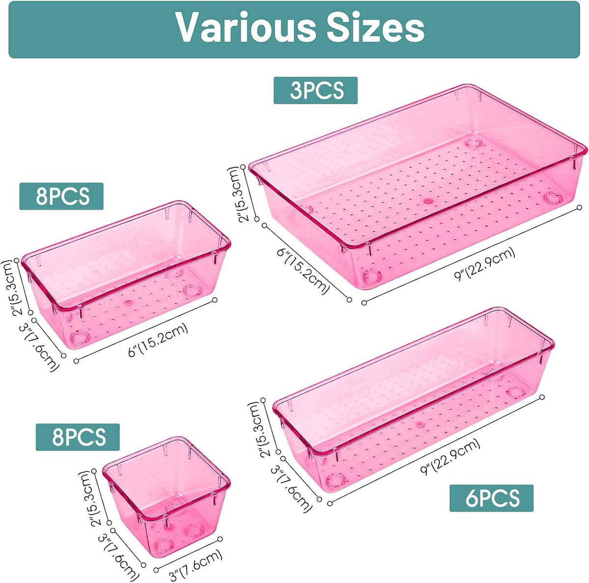 WOWBOX 25 PCS Plastic Drawer Organizer Set, 4 Sizes Desk Drawer Divider Organizers and Storage Bins
