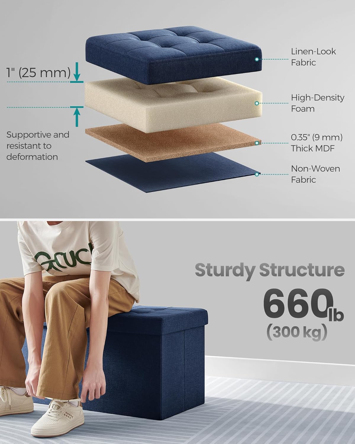 SONGMICS Mazie Collection - 30 Inches Storage Ottoman, Foldable Storage Bench with Flipping Lid