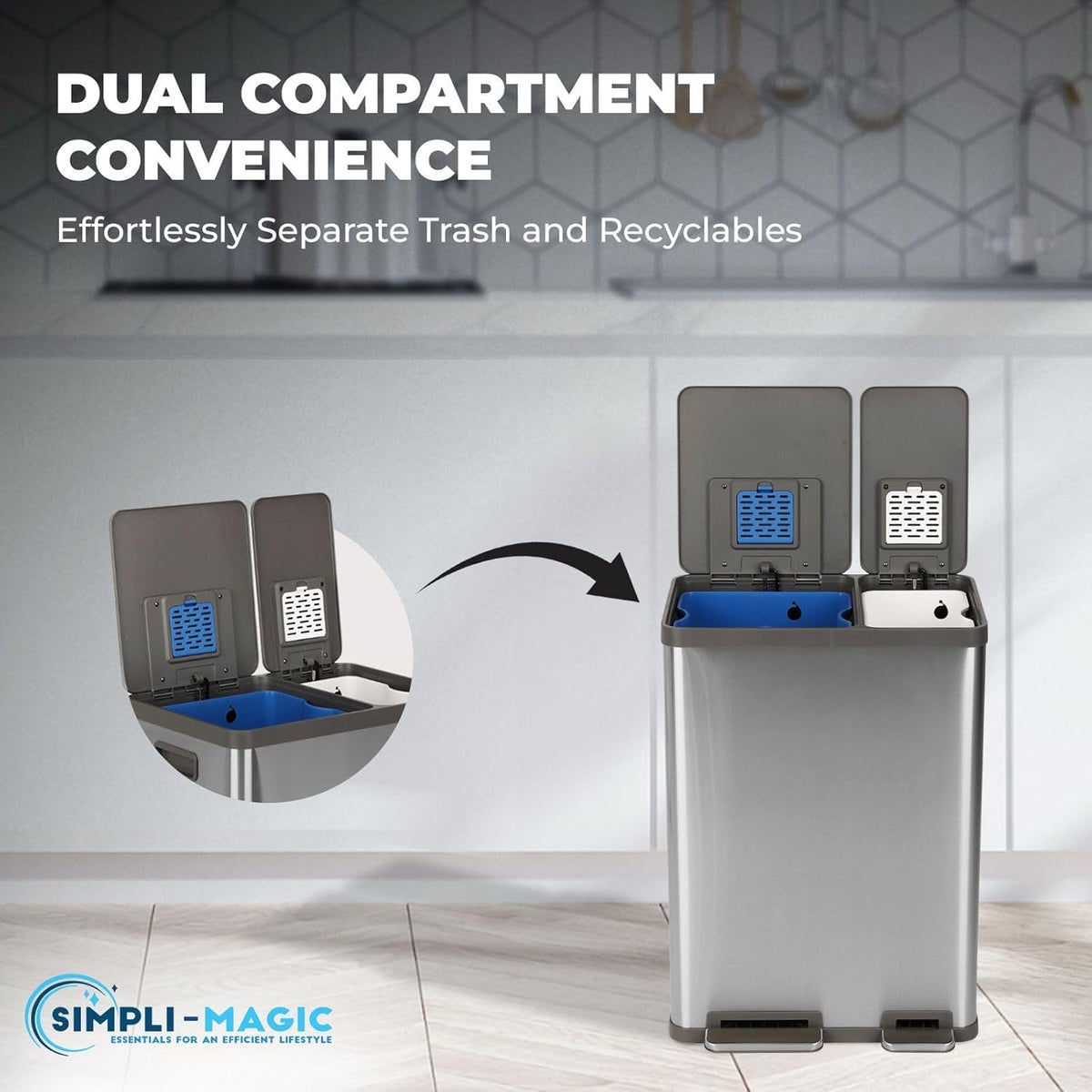 Simpli-Magic 16 Gallon (38L x 22L) Dual Compartment Step Trash Can – Kitchen Garbage Can with Waste