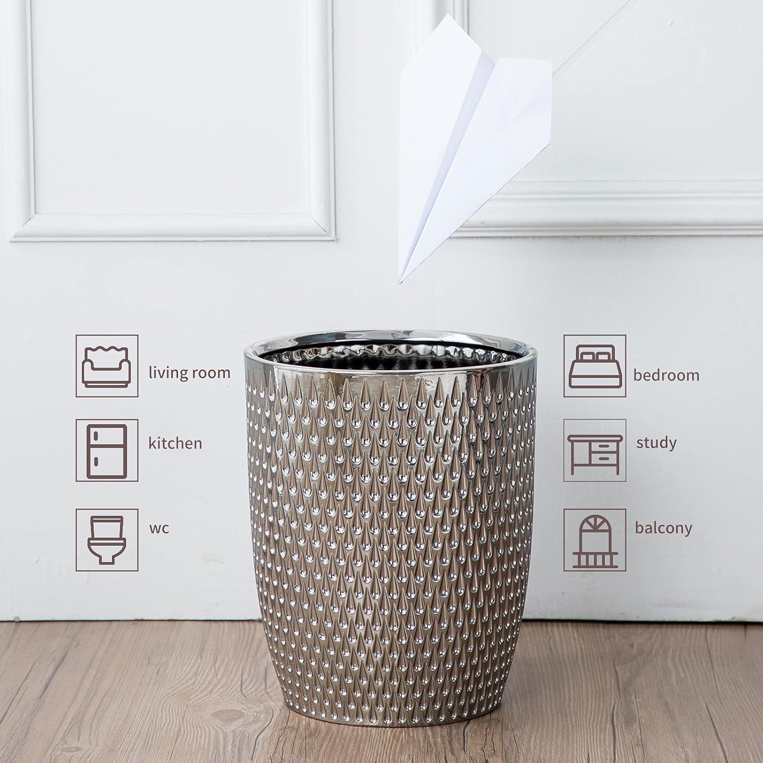 Modern Round Silver Small Trash Can Wastebasket, Garbage Container Bin for Bathrooms, Powder Rooms