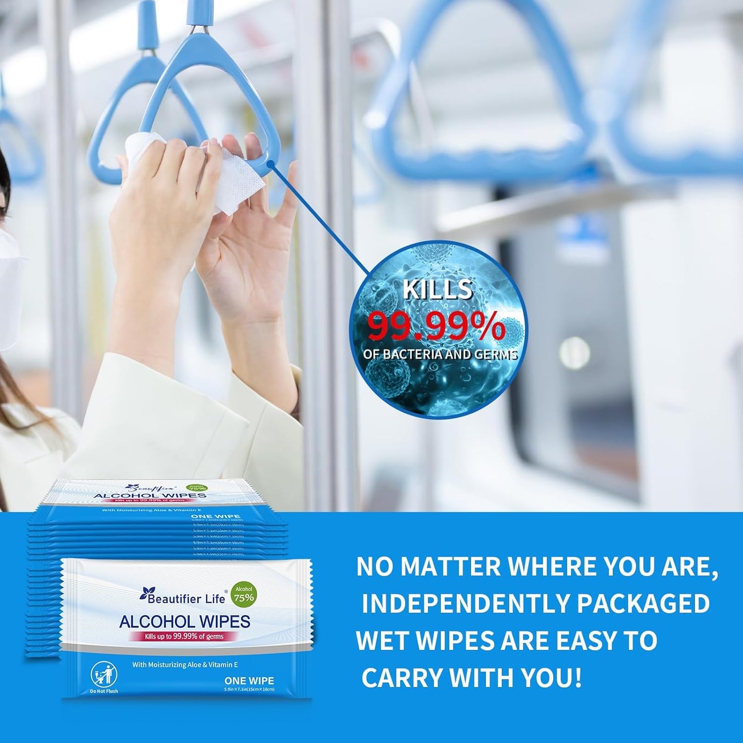 100 Count Individually Packed Hand Sanitizing Wipes - 75% Alcohol Formula with Aloe, Moisturizer