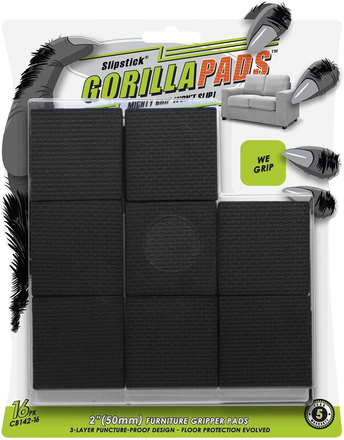 GorillaPads Non Slip Furniture Pads/Floor Gripping Pads (Set of 16 Grips) 2 Inch Square Floor
