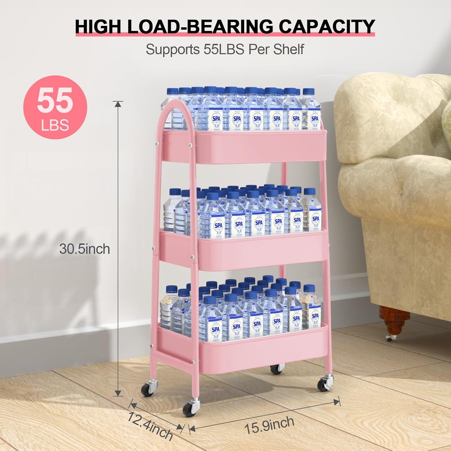 EAGMAK 3 Tier Utility Rolling Cart, Metal Storage Cart with Handle and Lockable Wheels