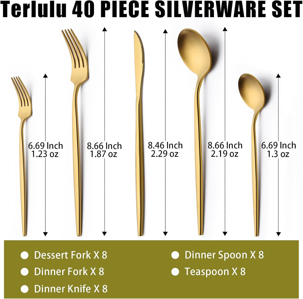 40 Piece Gold Silverware Set for 8, Terlulu Stainless Steel Flatware Set, Gold Cutlery Set Utensils