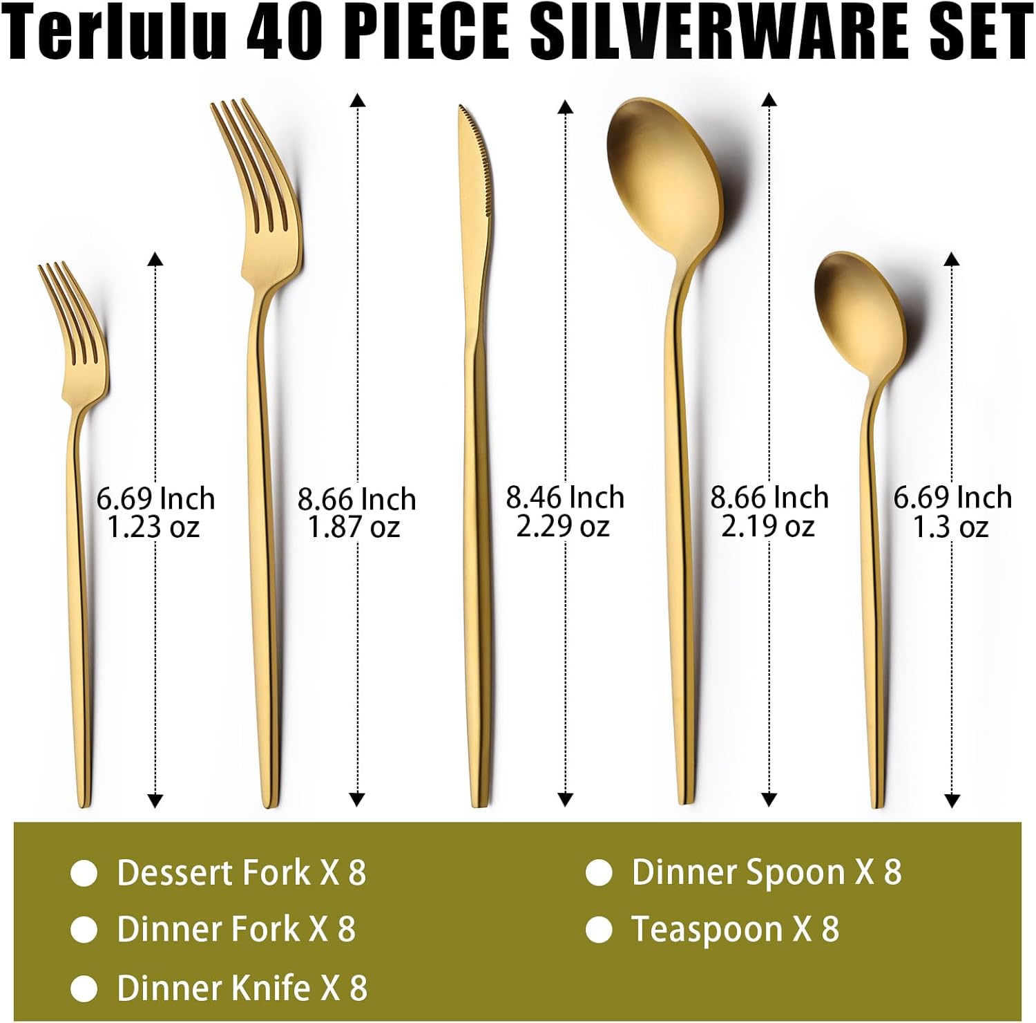 40 Piece Gold Silverware Set for 8, Terlulu Stainless Steel Flatware Set, Gold Cutlery Set Utensils