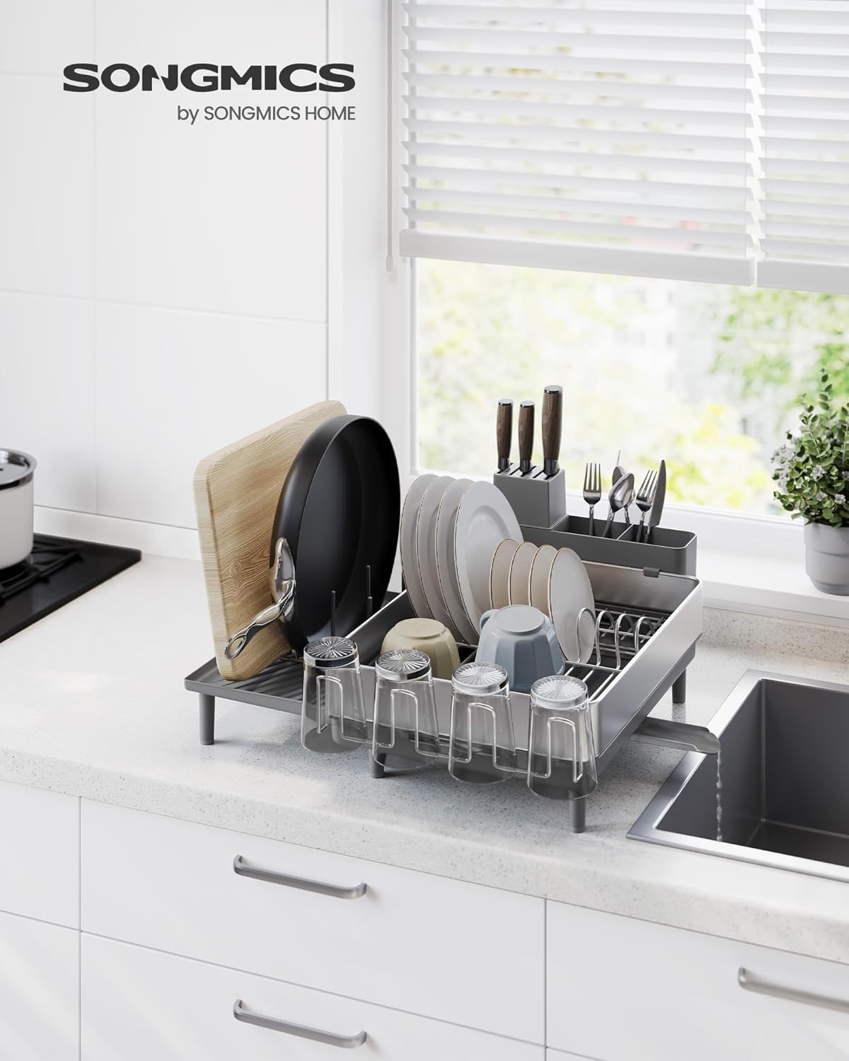 SONGMICS Large Dish Drying Rack, Expandable Dish Dryer for Kitchen Counter, Stainless Steel Dish