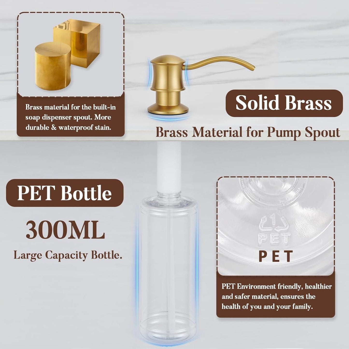 Built in Soap Dispenser for Kitchen Sink Countertop, Solid Brass Pump Head Long Spout with 10.2