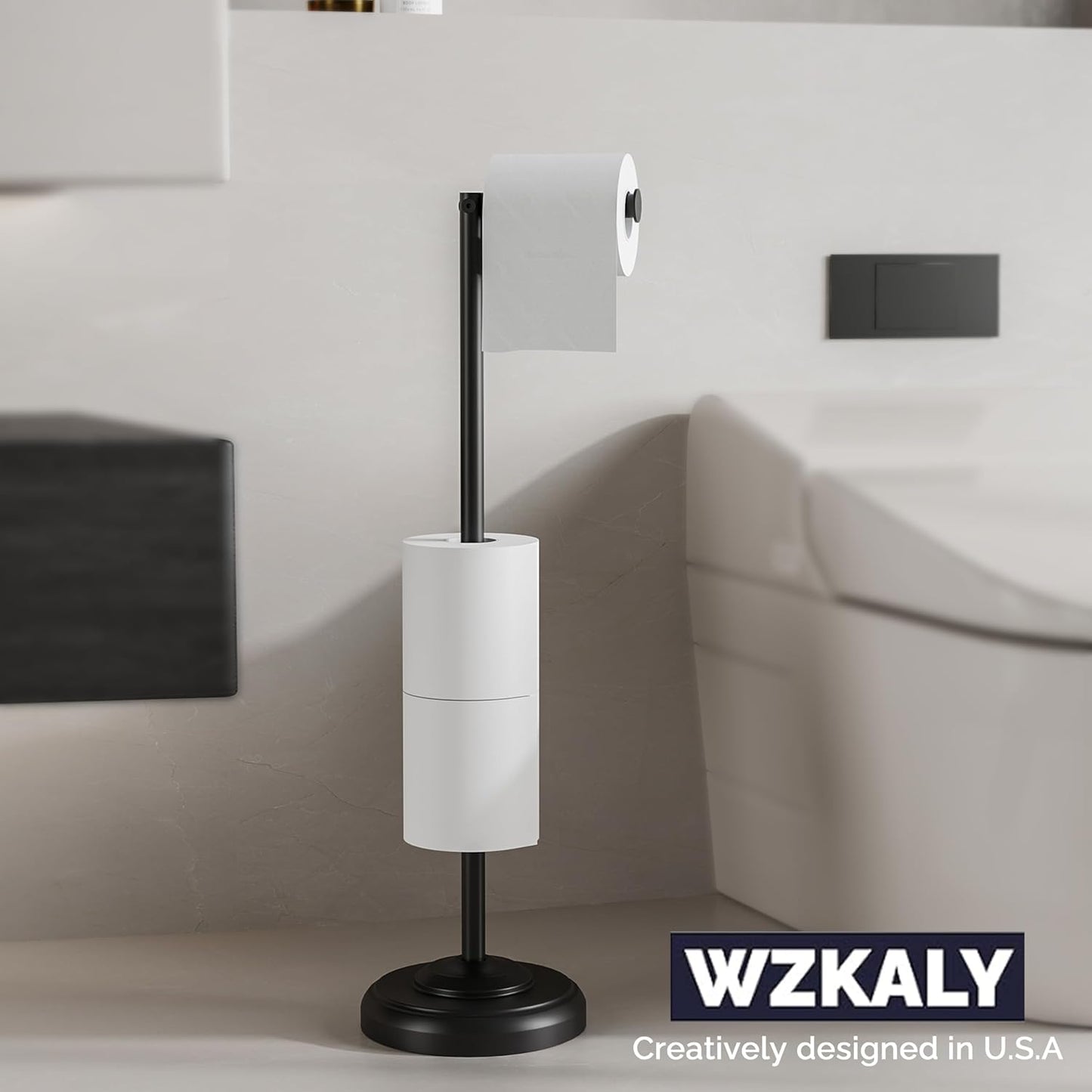 Freestanding Toilet Paper Holder Stand with Storage – Holds 4 Extra Rolls –Matte Black- Toilet