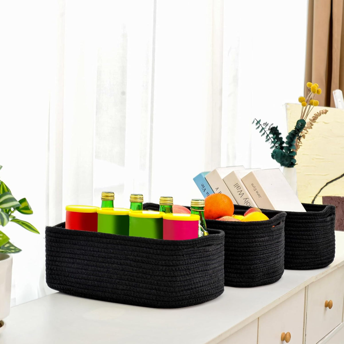 Small Black Baskets for Organizing, Storage Baskets for Shelves, Small Woven Cotton Rope Basket for