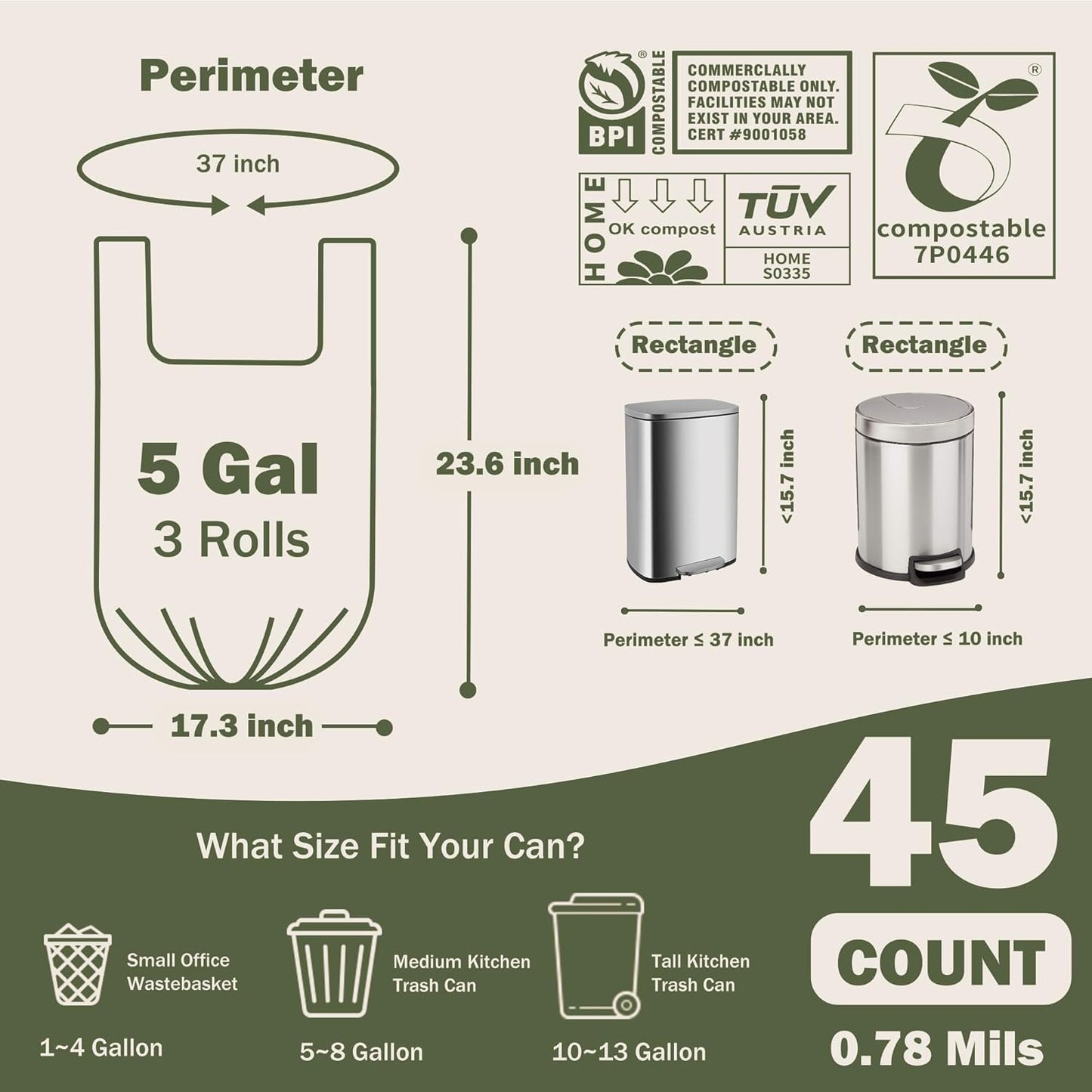Compost Bags 4-5 Gallon with Handles Tie Extra Thick 0.78 Mils Wastebasket Liners Bags for Kitchen