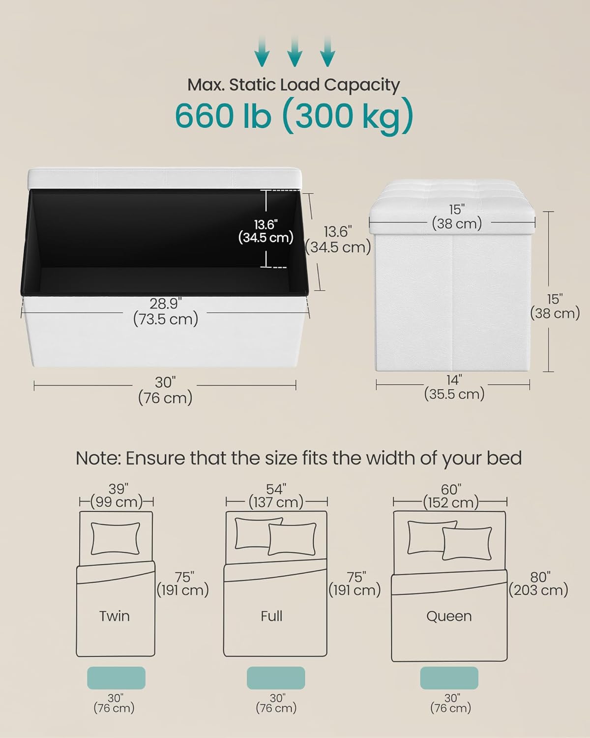SONGMICS MAZIE Collection - 30 Inches Folding Storage Ottoman Bench, Ottoman with Storage, Foot