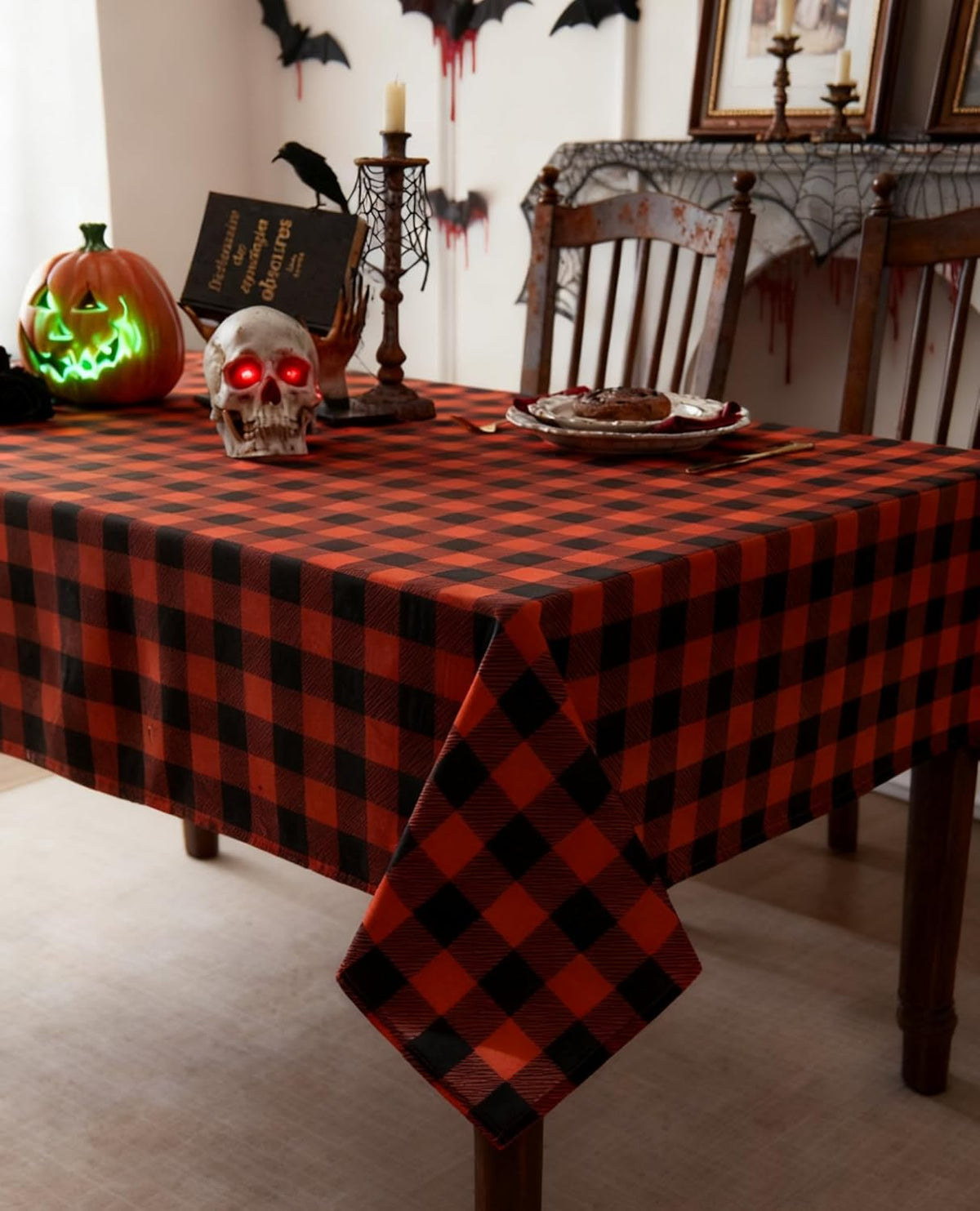 Orange Gingham Tablecloth Fabric - Oblong 58x120 Water Resistant Autumn Plaid Table Cloth for