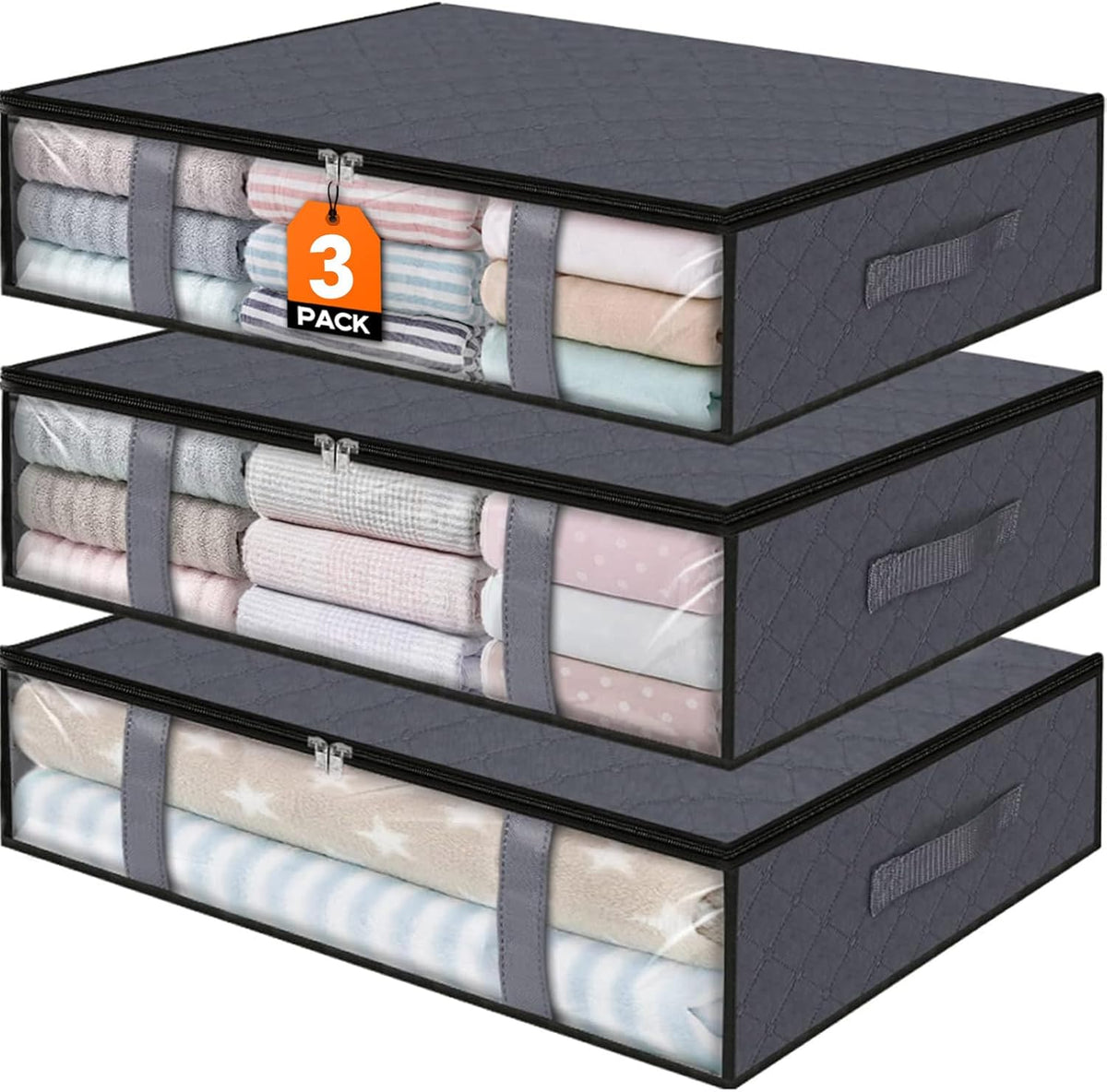 StorageRight Under Bed Storage Bins, 3-Pack 40L Foldable Fabric Storage Bags with Transparent