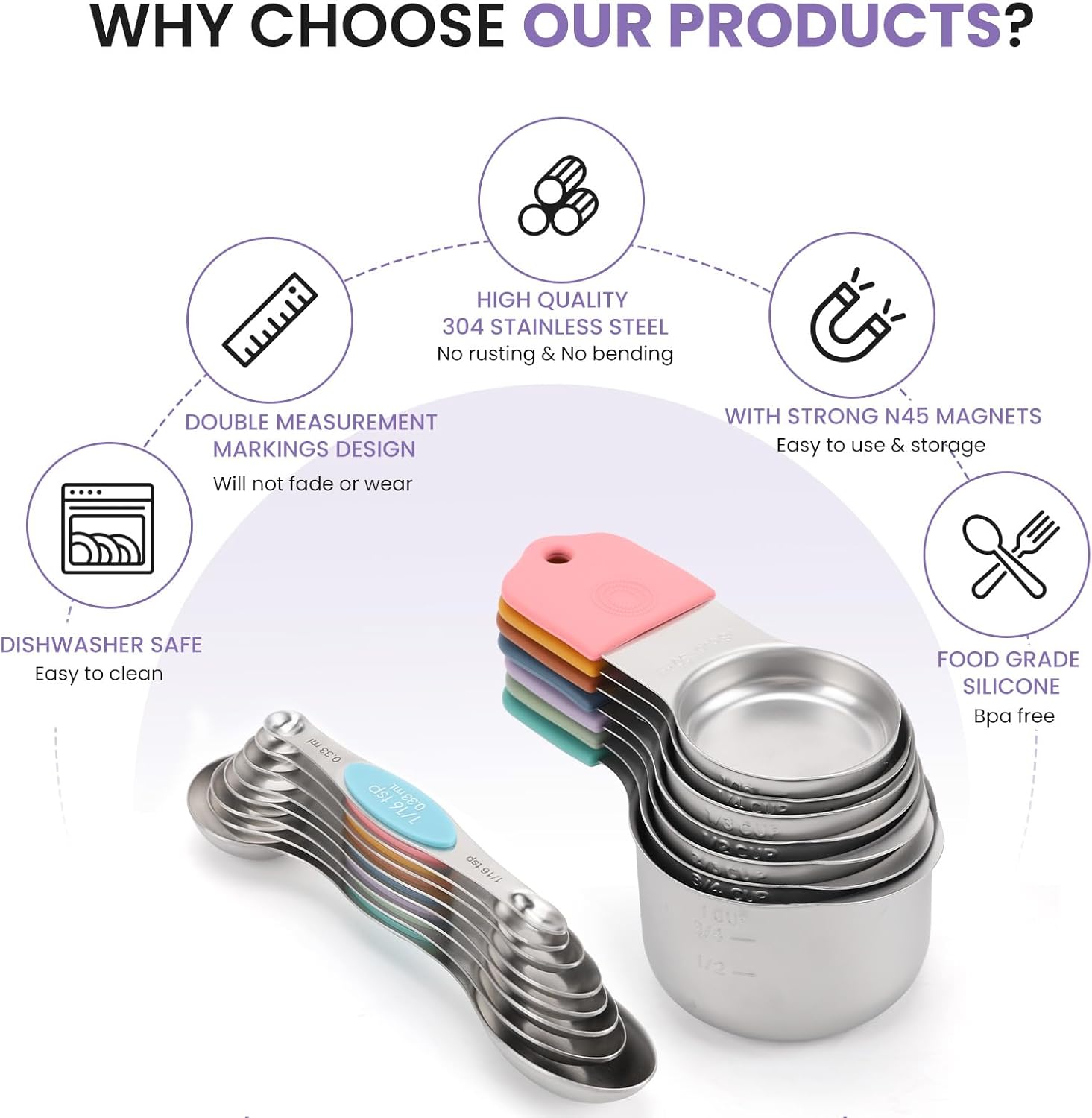 Magnetic Measuring Cups and Spoons Set-Heavy Duty 304 Stainless Steel，Double Measurement