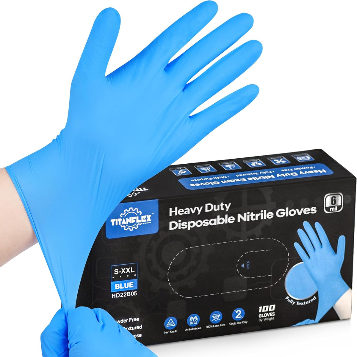 TitanFlex Heavy-Duty Blue Nitrile Gloves, 6-mil, Fully Textured, Mechanic Disposable Gloves