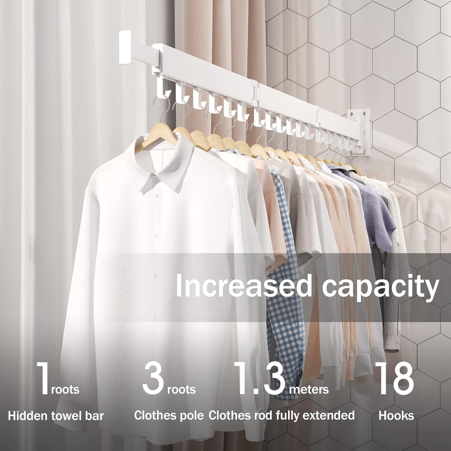 Wall Mounted Clothes Drying Rack, Collapsible, Folding, Retractable - Clothes Hanging Rack (Hooks