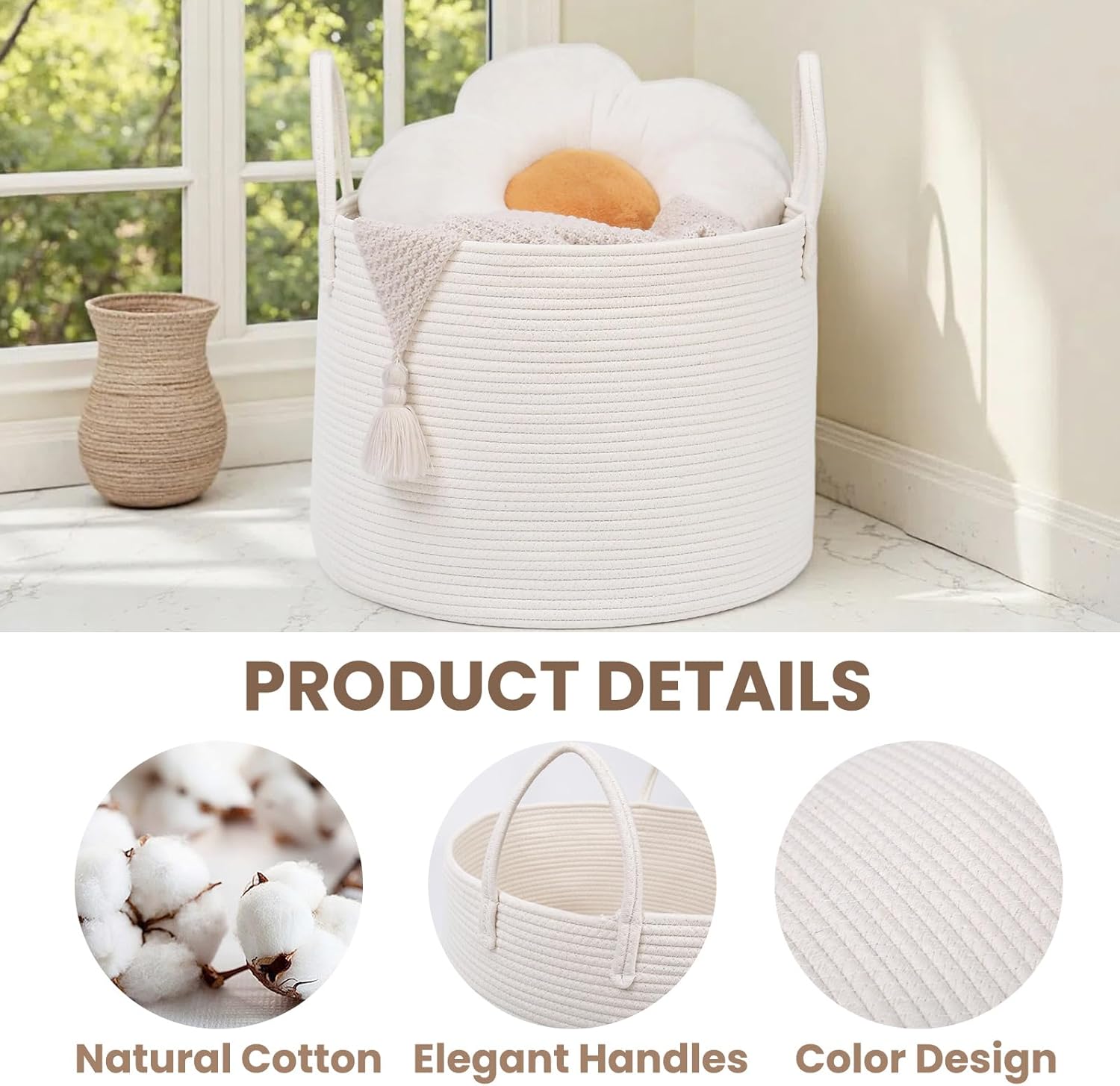 Woven Blanket Basket,65L Large Rope Storage Bin with Handles, Organizer for Blankets Toys Book and