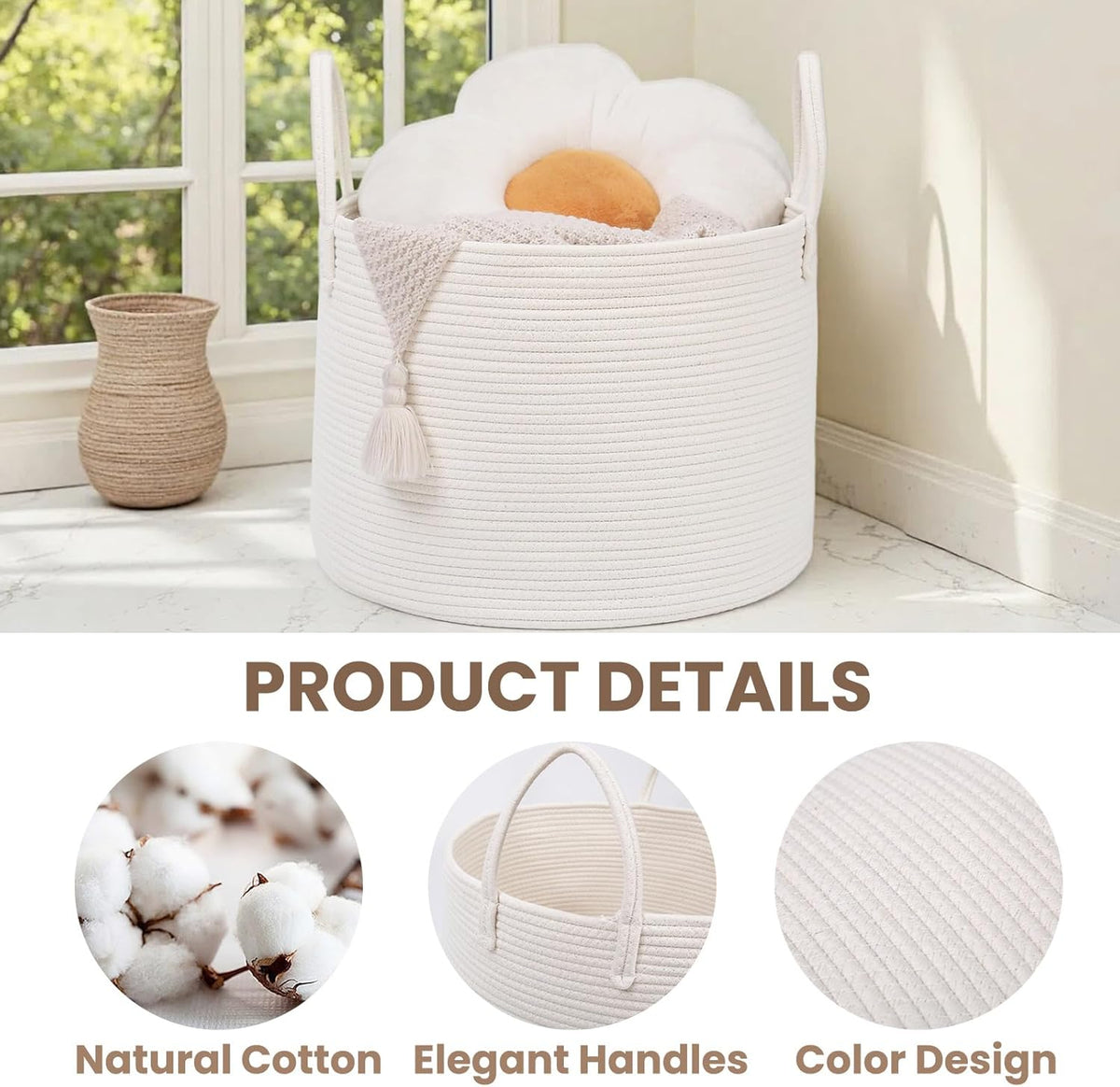 Woven Blanket Basket,115L Large Rope Storage Bin with Handles, Organizer for Blankets Toys Book and