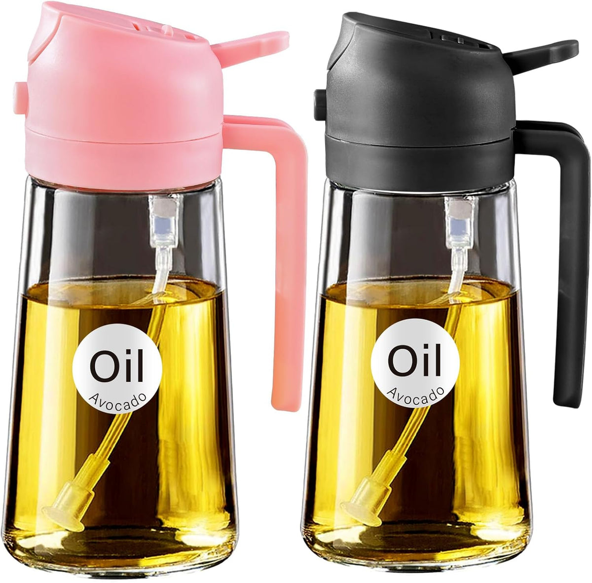 YARRAMATE 2Pcs 16oz/470ml Glass Olive Oil Sprayer for Cooking with Stickers, 2 in 1 Oil Dispenser