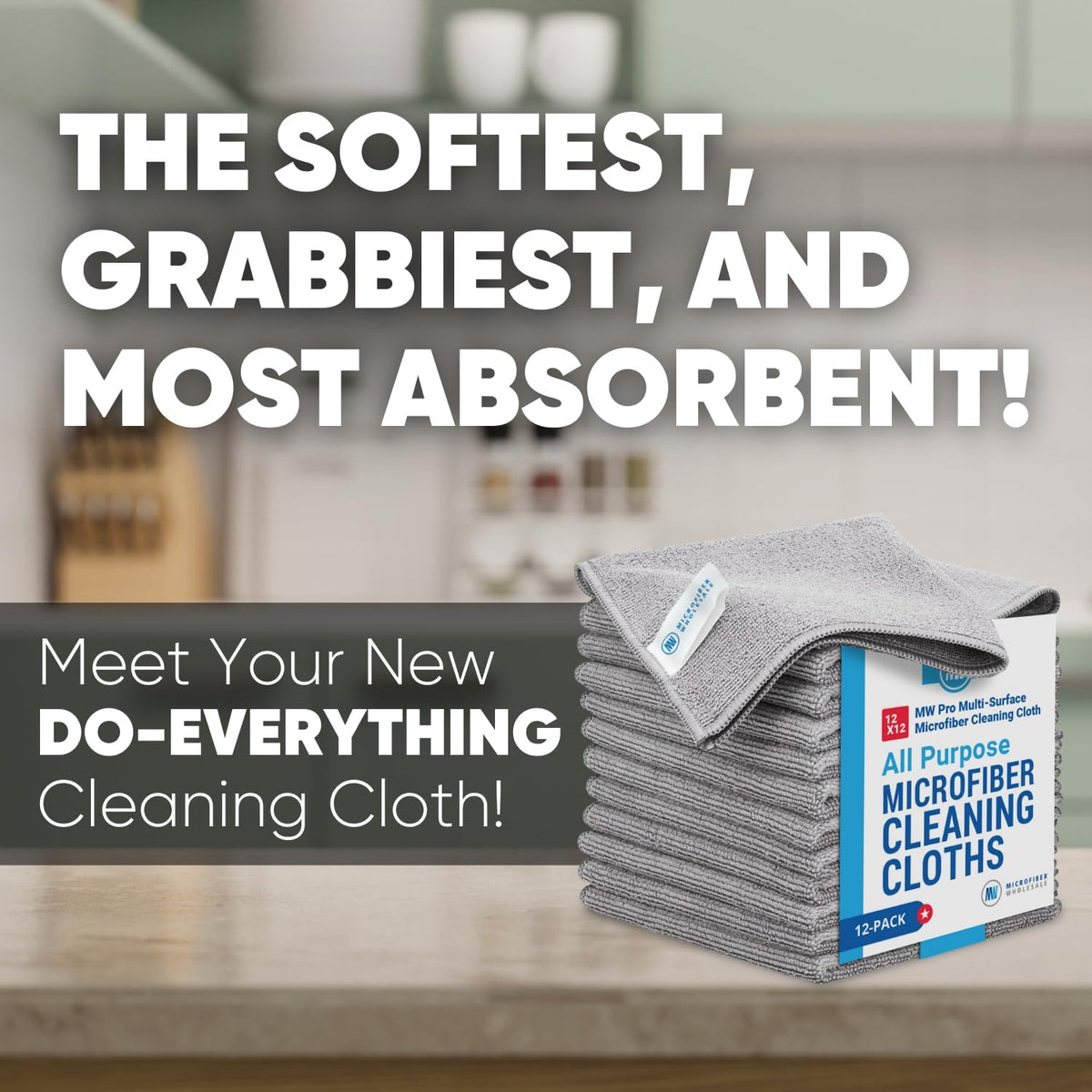 12" x 12" MW Pro Multi-Surface Microfiber Cleaning Cloths | Gray - 48 Pack | Premium Microfiber