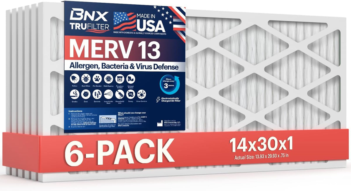 BNX TruFilter 14x30x1 Air Filter MERV 13 (6-Pack) - MADE IN USA - Electrostatic Pleated Air