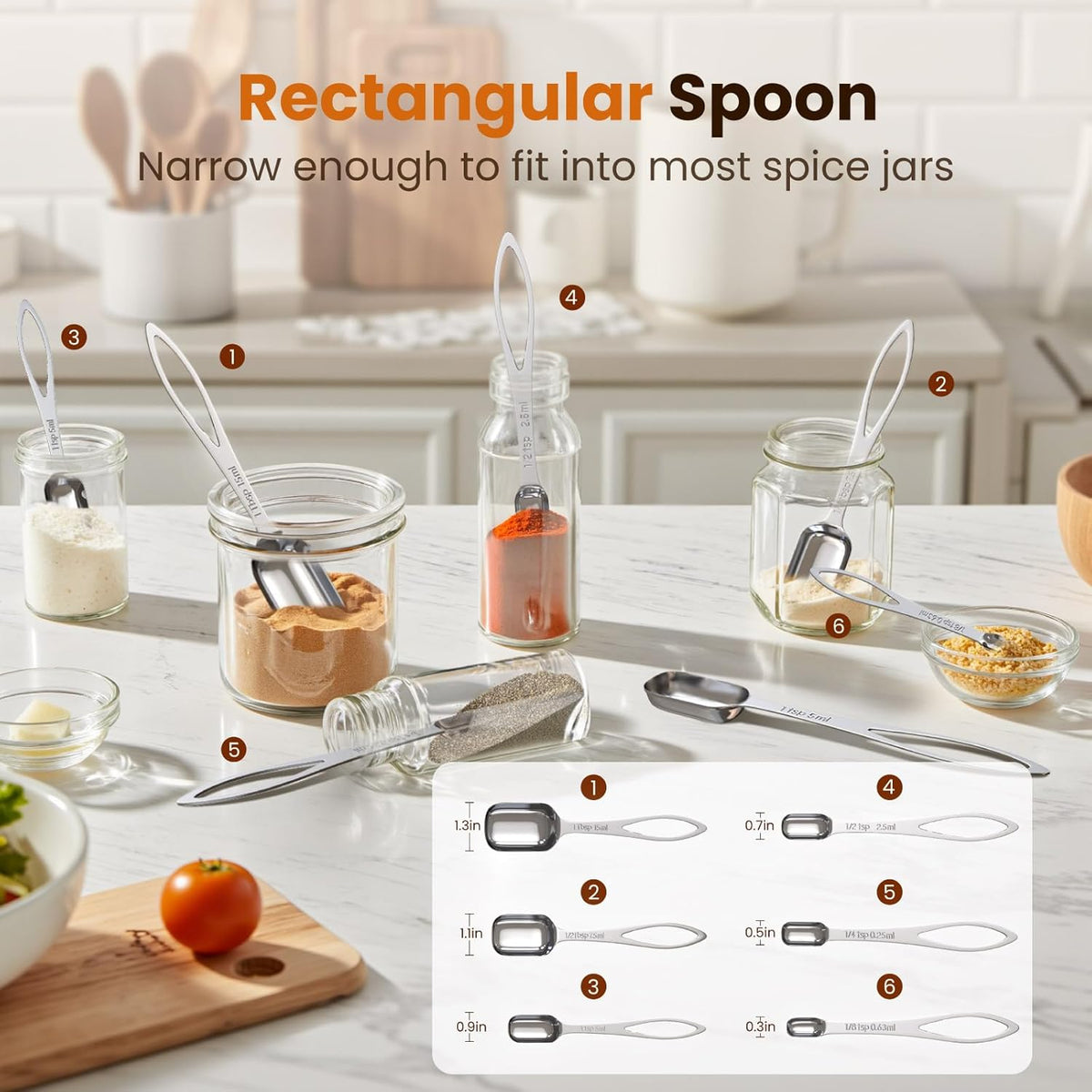6PCS Narrow Measuring Spoons Set, Stainless Steel Measuring Spoon Fits in Spice Jars, Metal