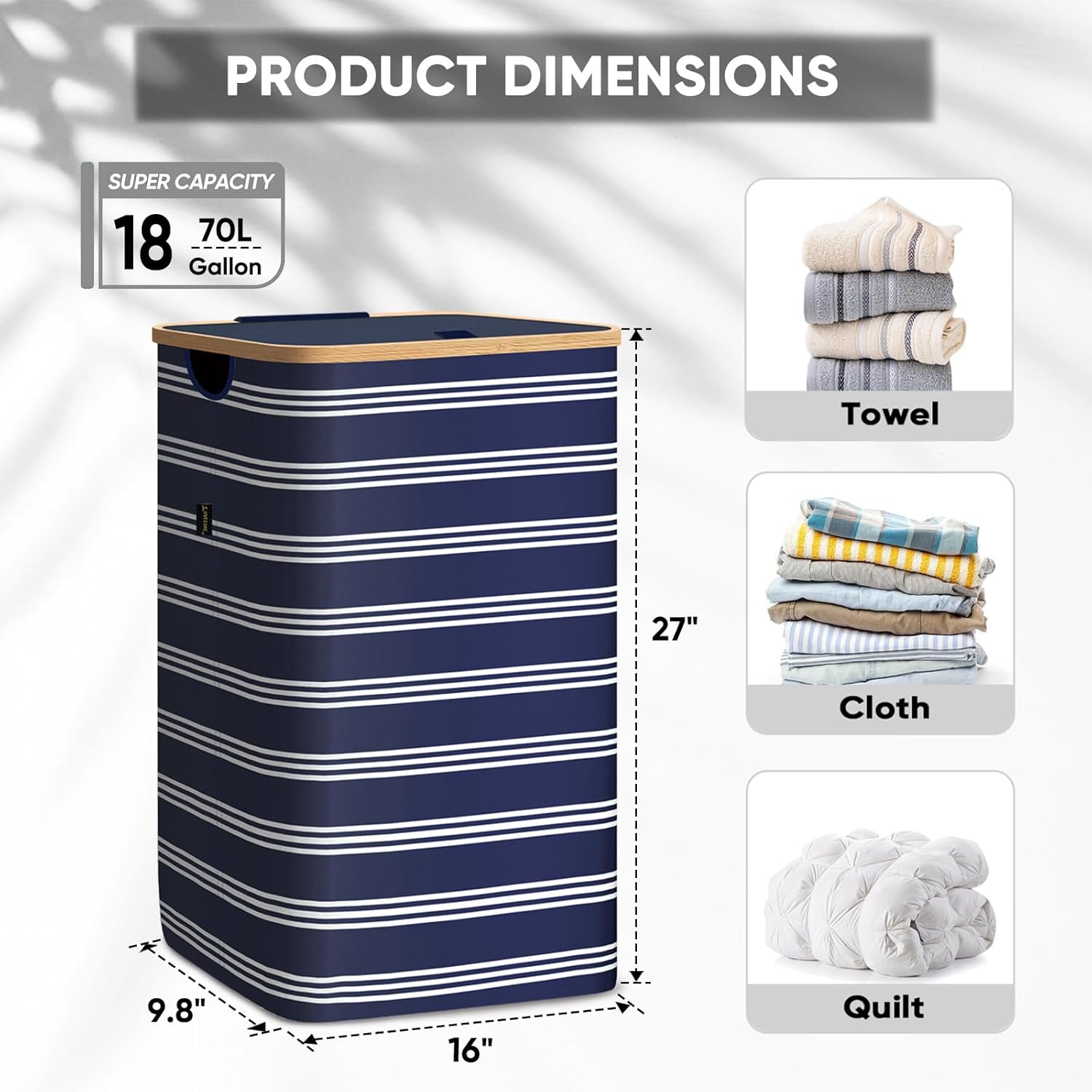 BALEINE Laundry Hamper with Lid, Tall Laundry Baskets with Bamboo Pull Handles, Large Laundry Bin