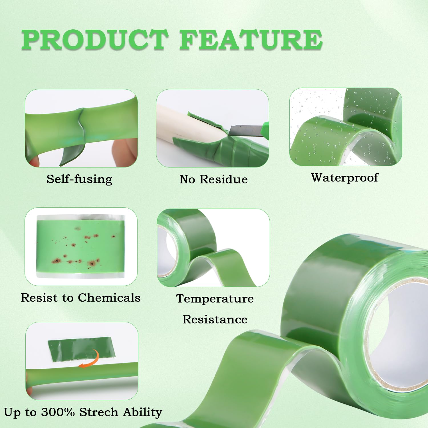 Self Fusing Silicone Tape 1 in x 5' Green Waterproof Rubber Leak Proof Sealing Rubber