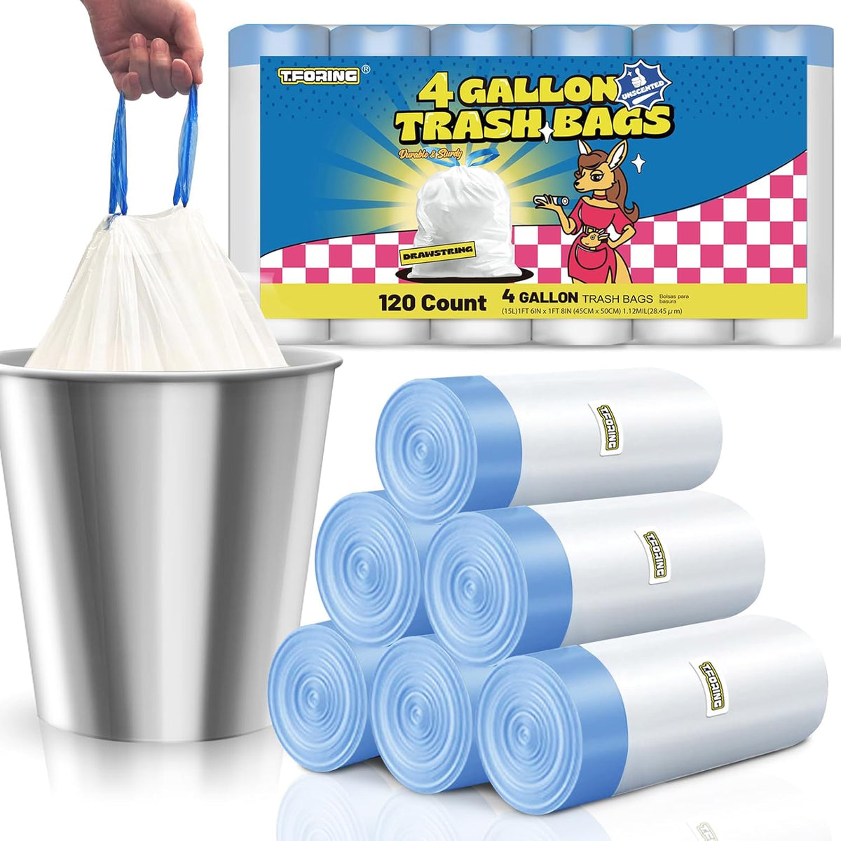 Small Trash Bags 4 Gallon with Drawstring, 1.1 Mil 15 Liter White Thick Unscented Small Plastic