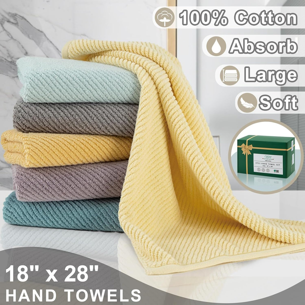 VOOVA & MOVAS Taupe Hand Towels for Bathroom, Large 18"x28" | 100% Cotton | Lightweight | Thick |