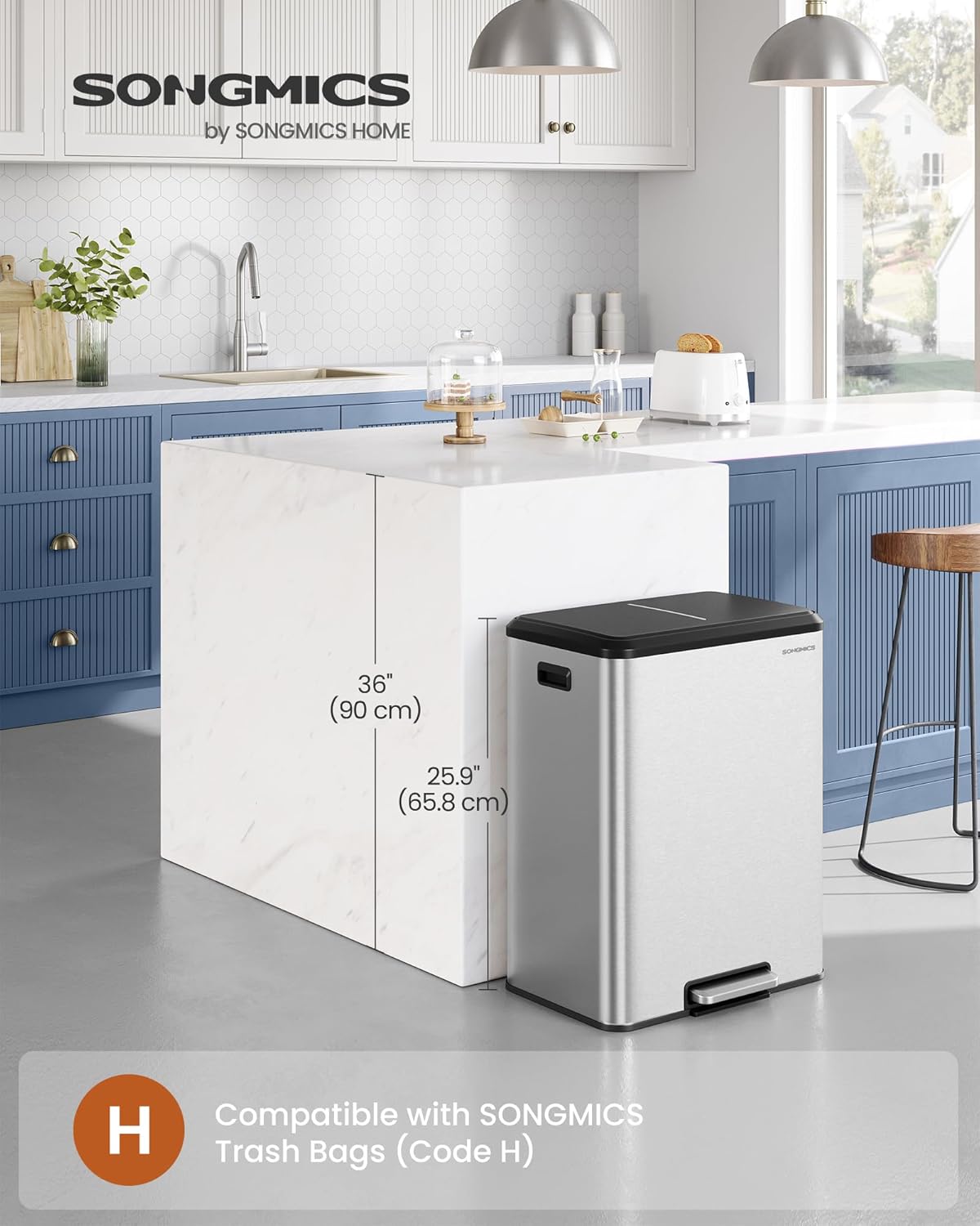 SONGMICS Trash Can, 2 x 8 Gallon (2 x 30 L) Double Garabge Can for Recycling and Waste, Stainless