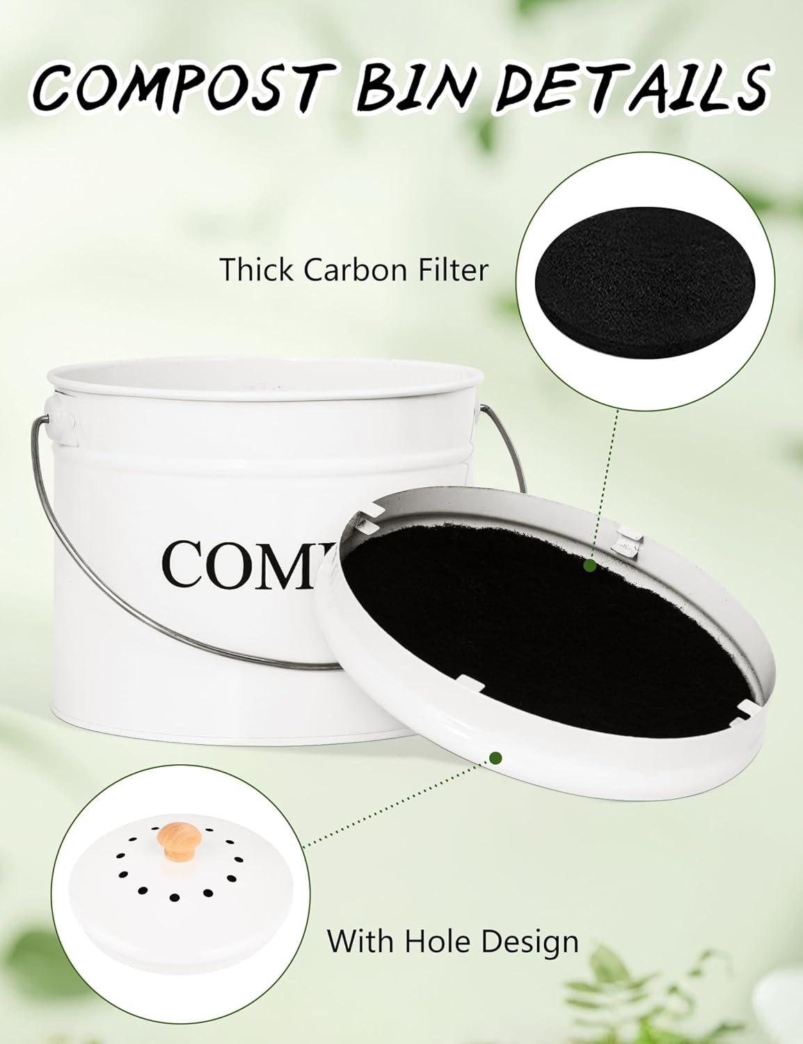 Compost Bin - 1 Gallon Countertop Composter with Lid, Charcoal Filters, Rust Proof Indoor Food